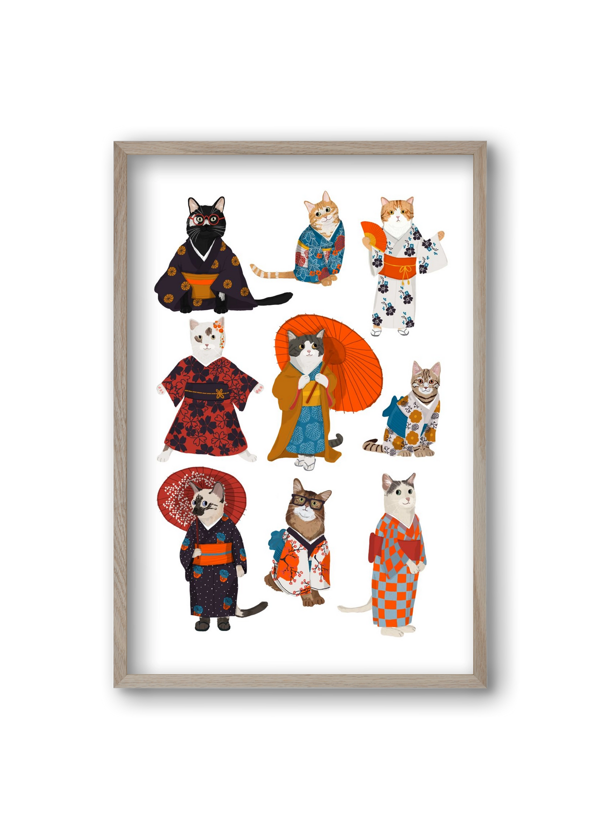 Cats in kimono, 20x30 cm (20x30 cm), Tölgy keret