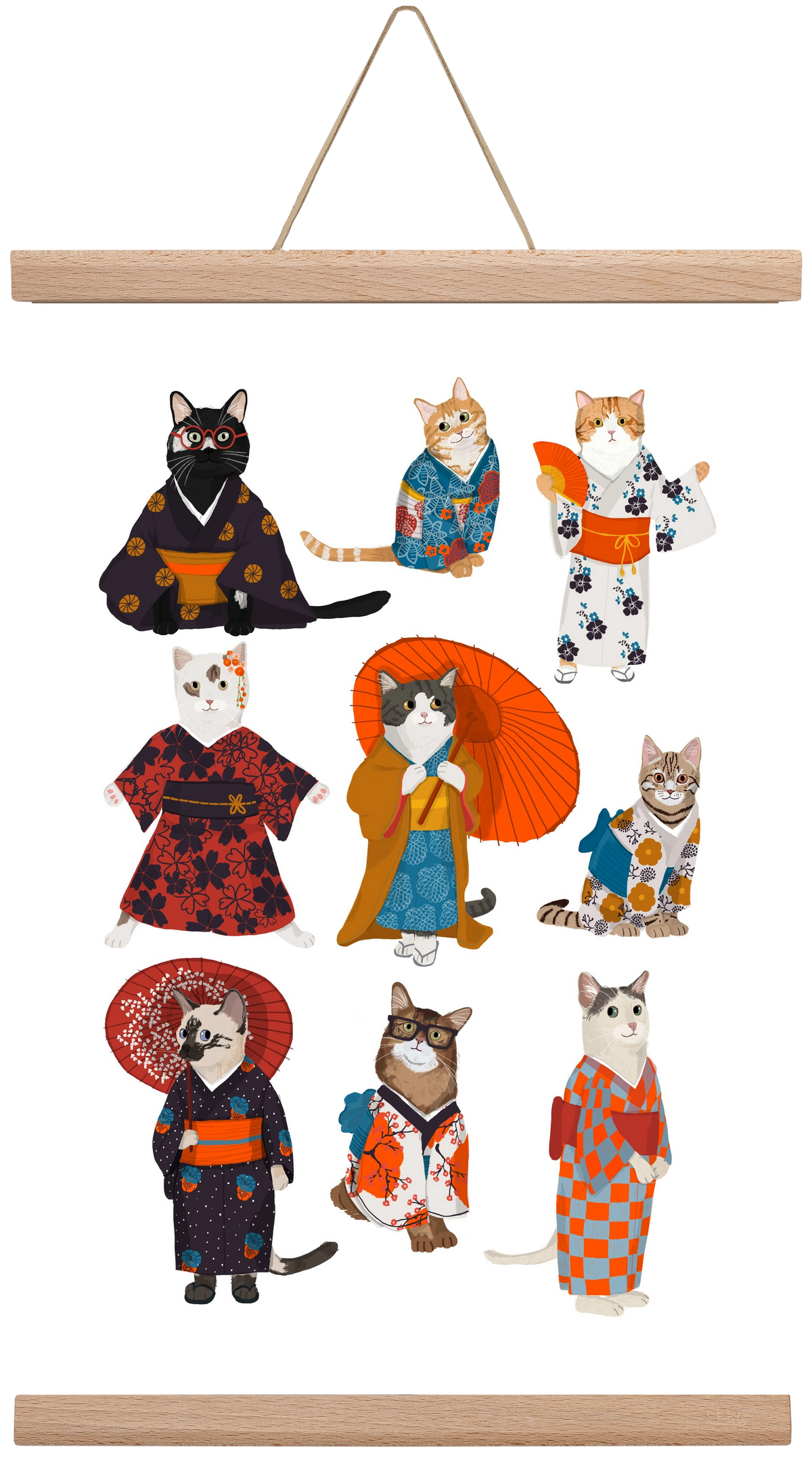 Cats in kimono, 30x45 cm (30x45 cm), Tölgy akasztó