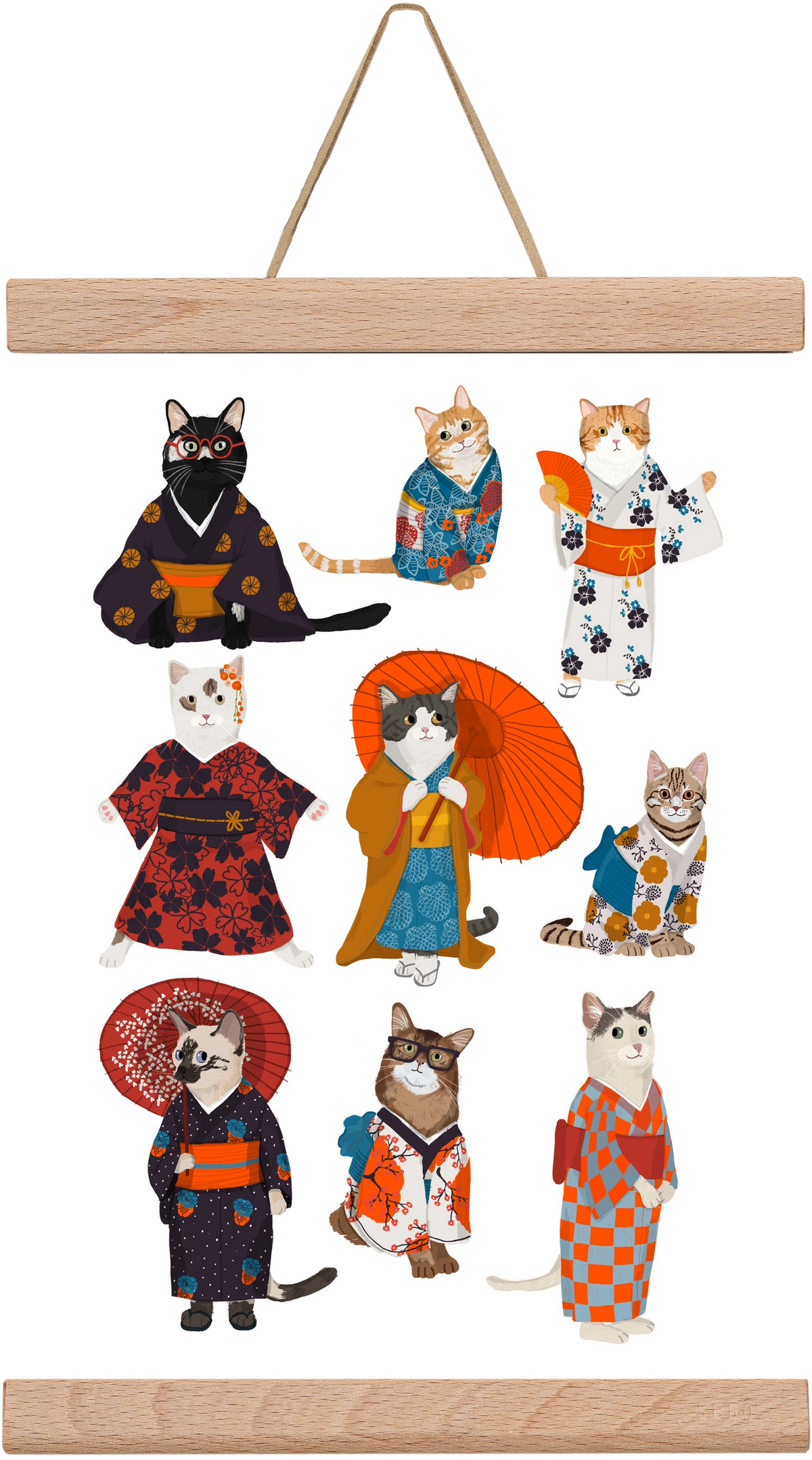 Cats in kimono, 20x30 cm (20x30 cm), Tölgy akasztó