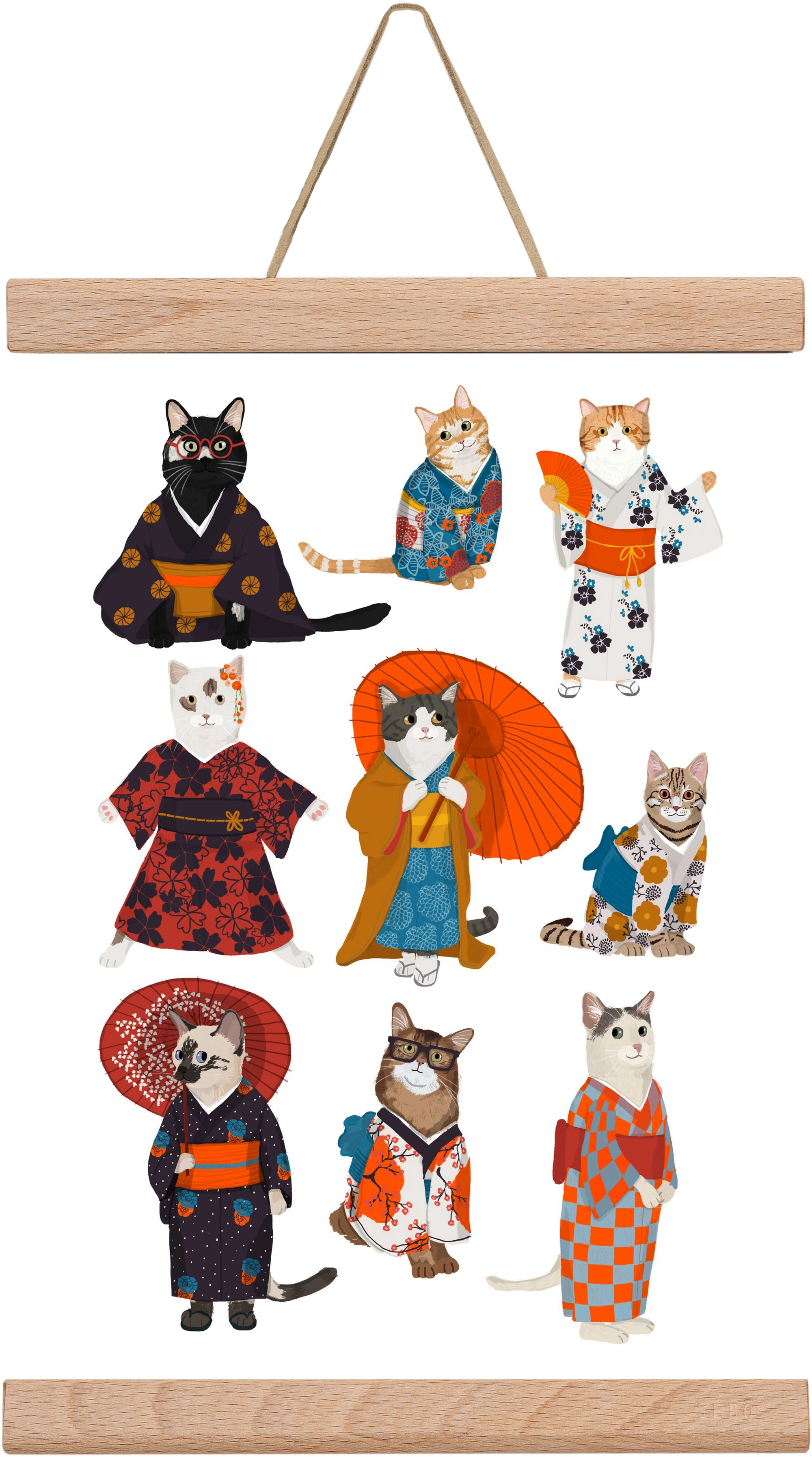 Cats in kimono, 20x30 cm (20x30 cm), Tölgy akasztó