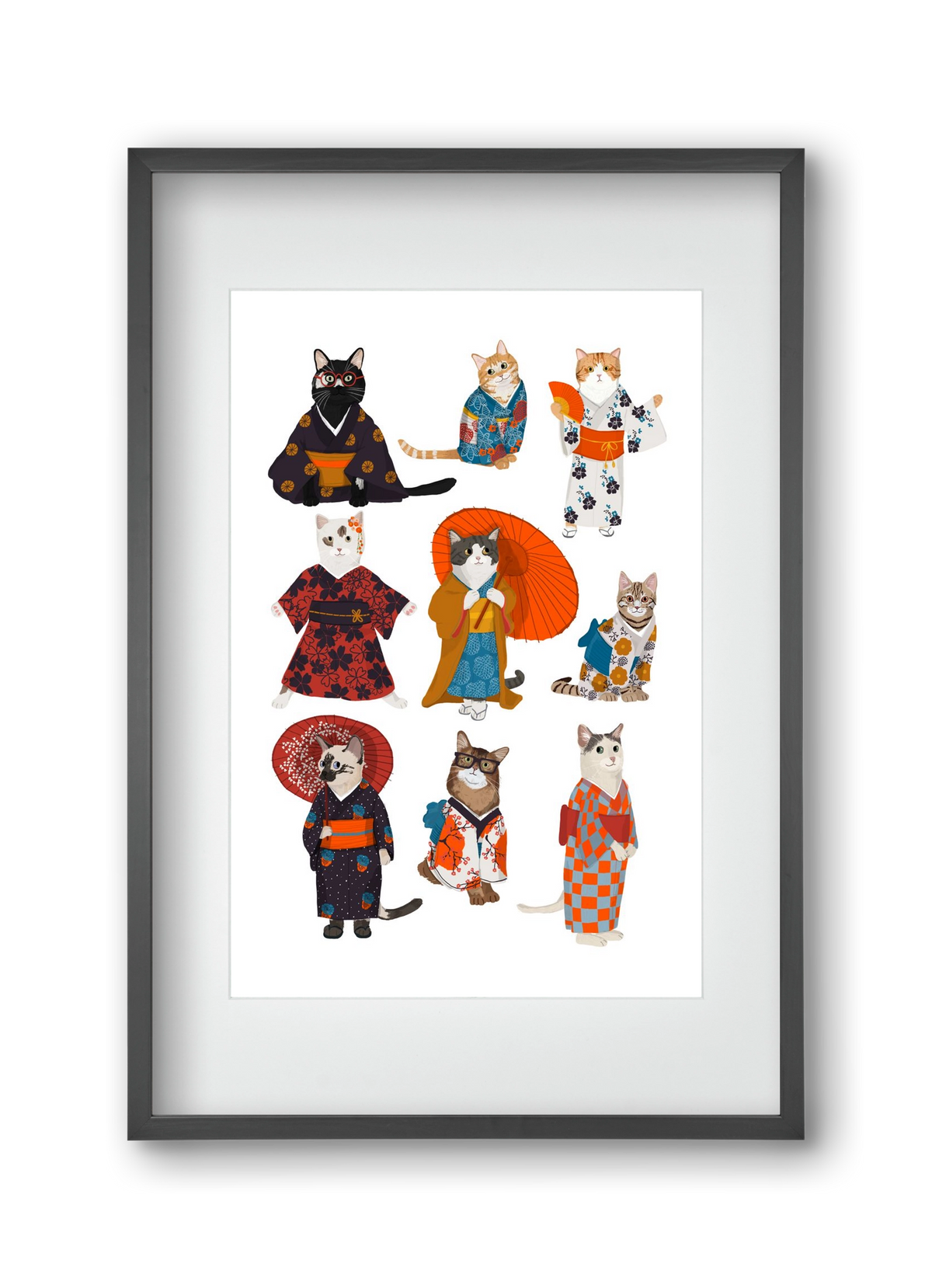 Cats in kimono, 30x45 cm (20x30 cm), Fekete keret, paszpartuval