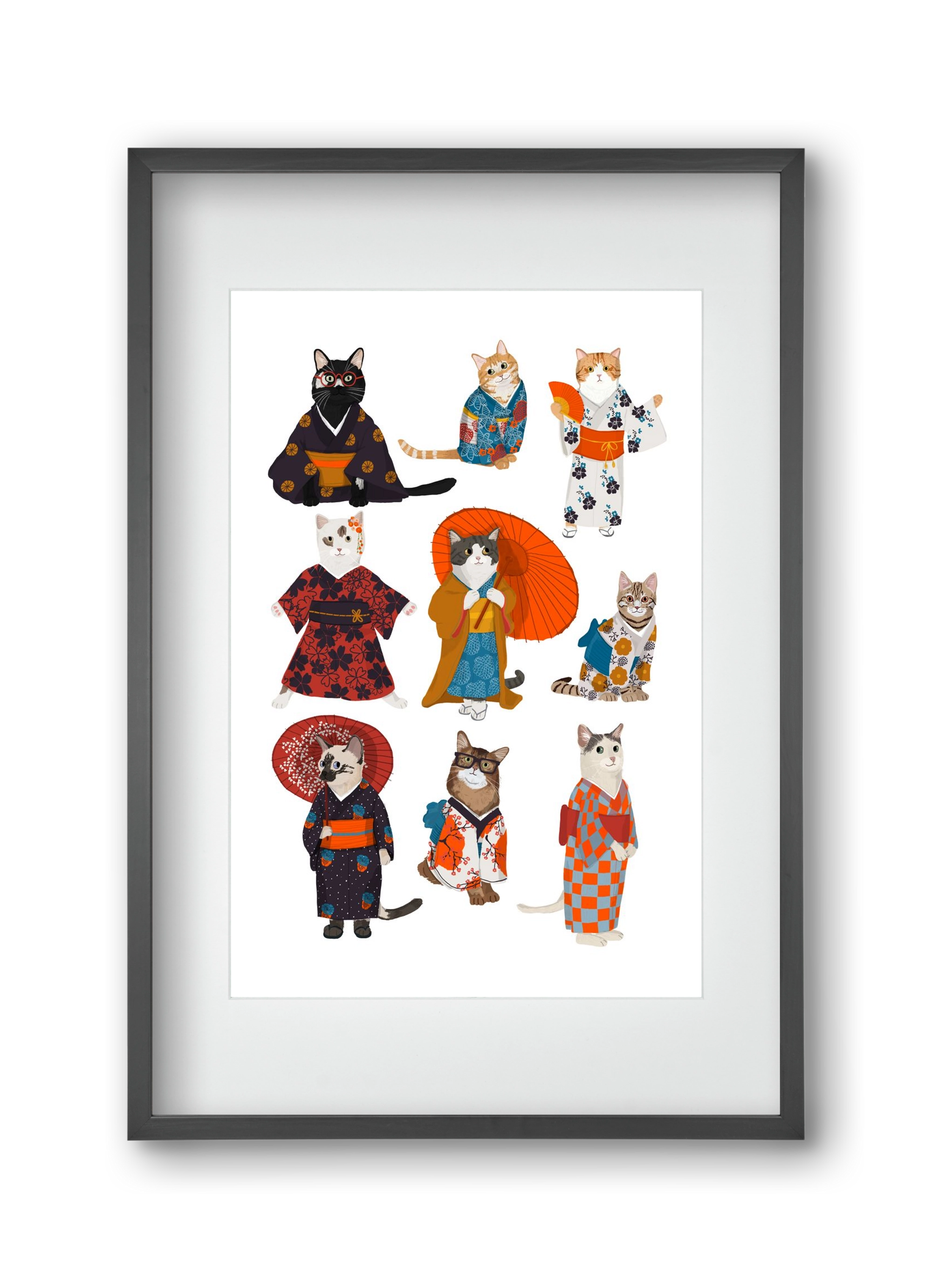 Cats in kimono, 30x45 cm (20x30 cm), Fekete keret, paszpartuval