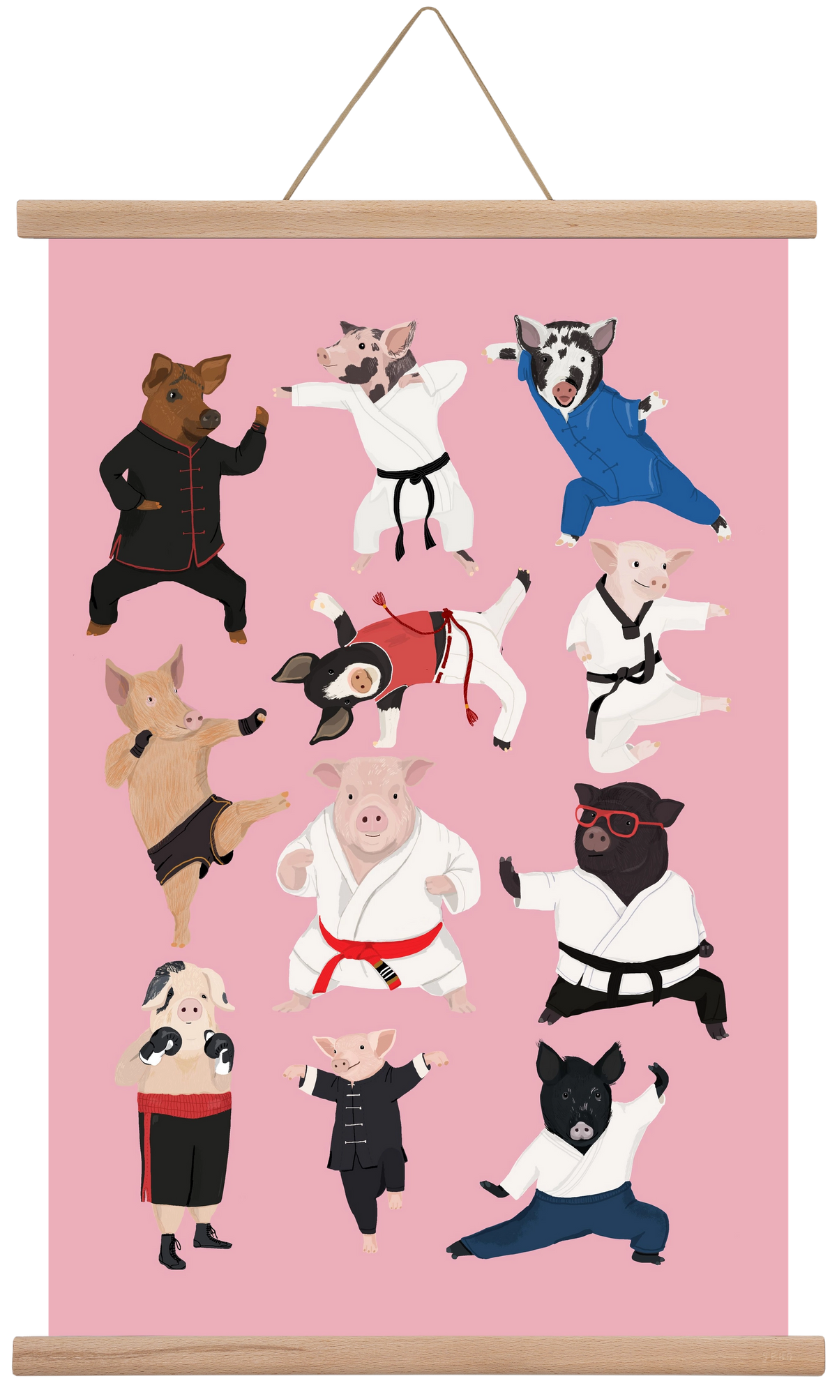 Pigs doing Martial Art, 40x60 cm (40x60 cm), Tölgy akasztó