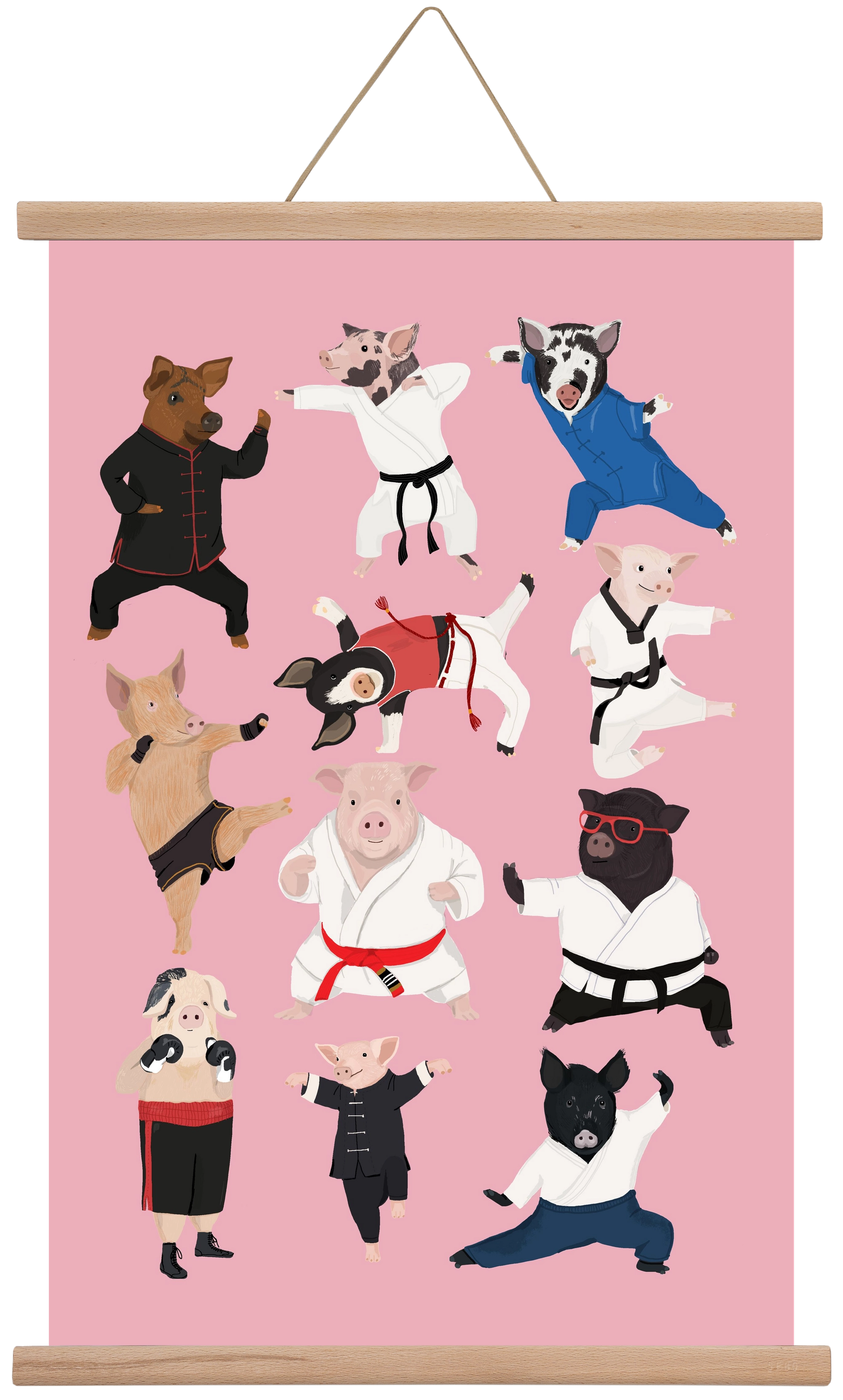 Pigs doing Martial Art, 40x60 cm (40x60 cm), Tölgy akasztó