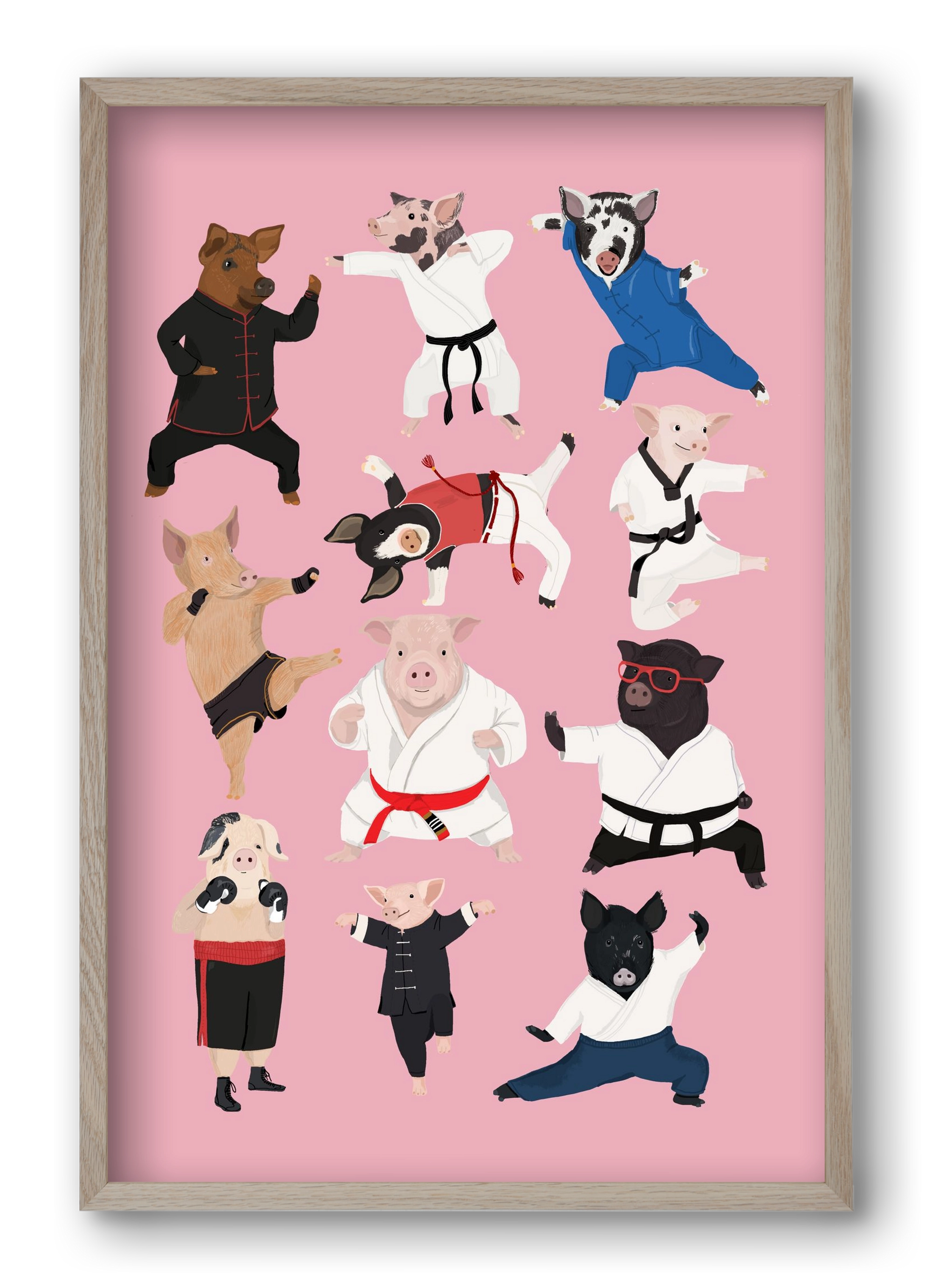 Pigs doing Martial Art, 40x60 cm (40x60 cm), Tölgy keret