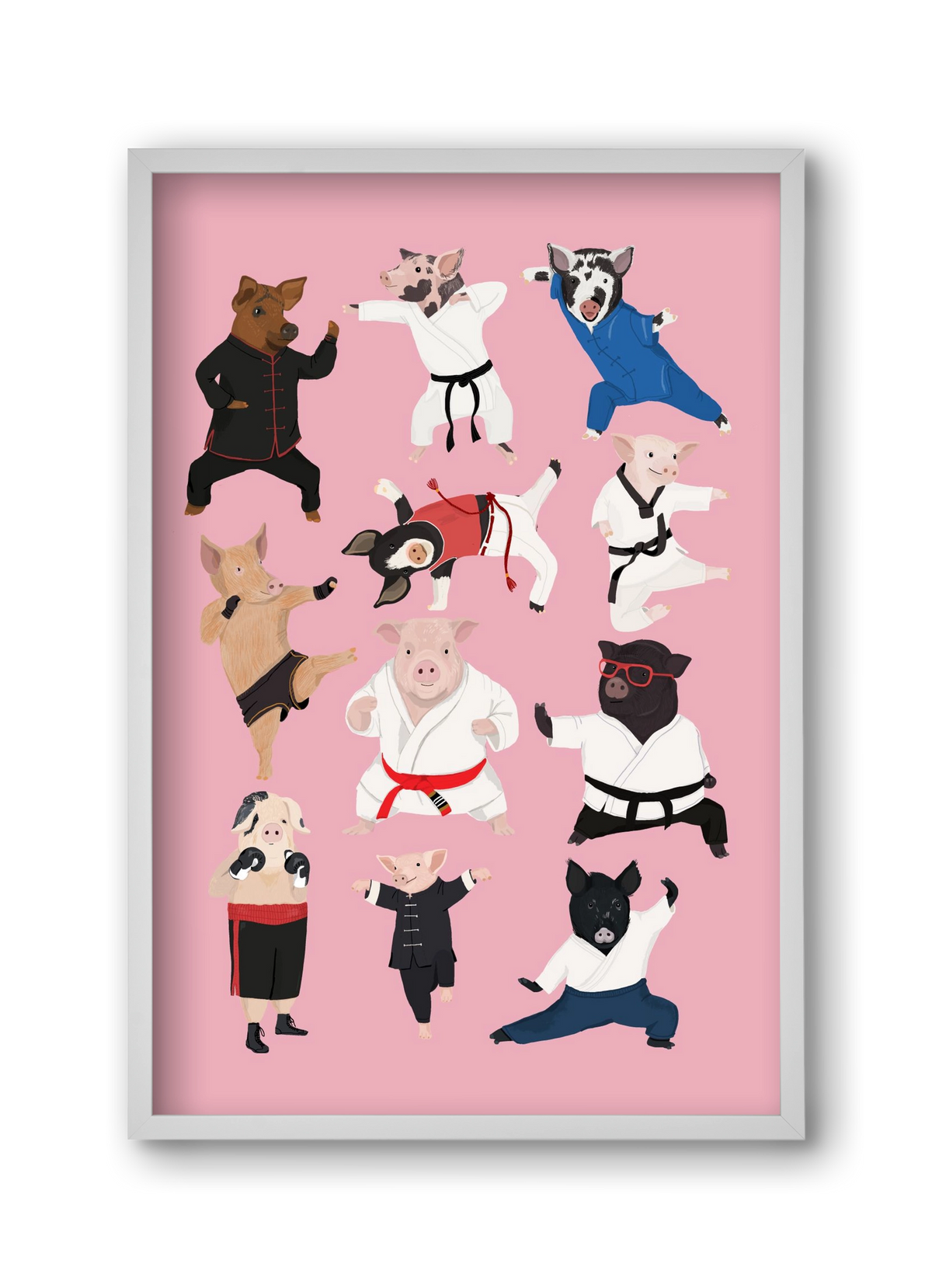 Pigs doing Martial Art, 30x45 cm (30x45 cm), Fehér keret
