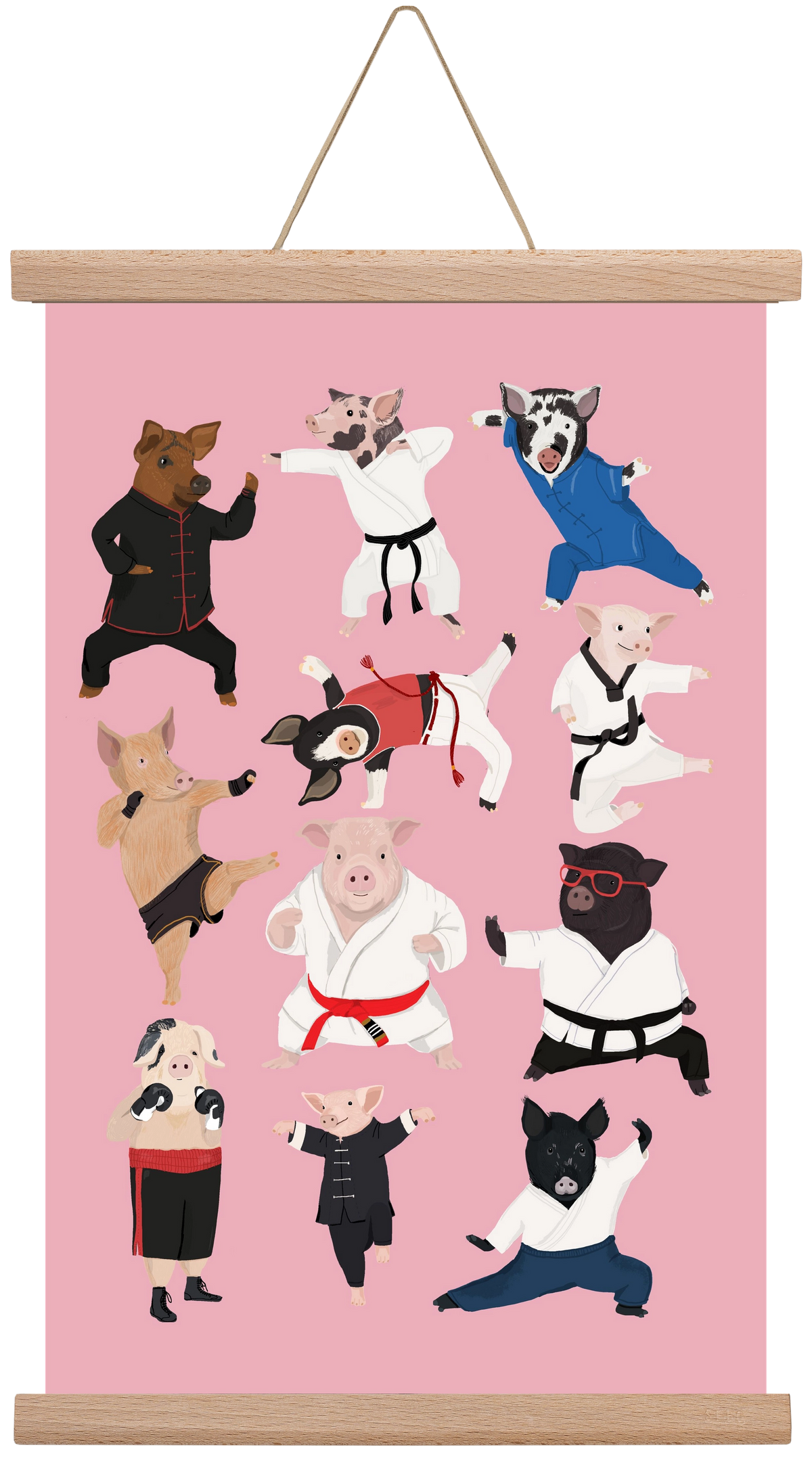 Pigs doing Martial Art, 30x45 cm (30x45 cm), Tölgy akasztó