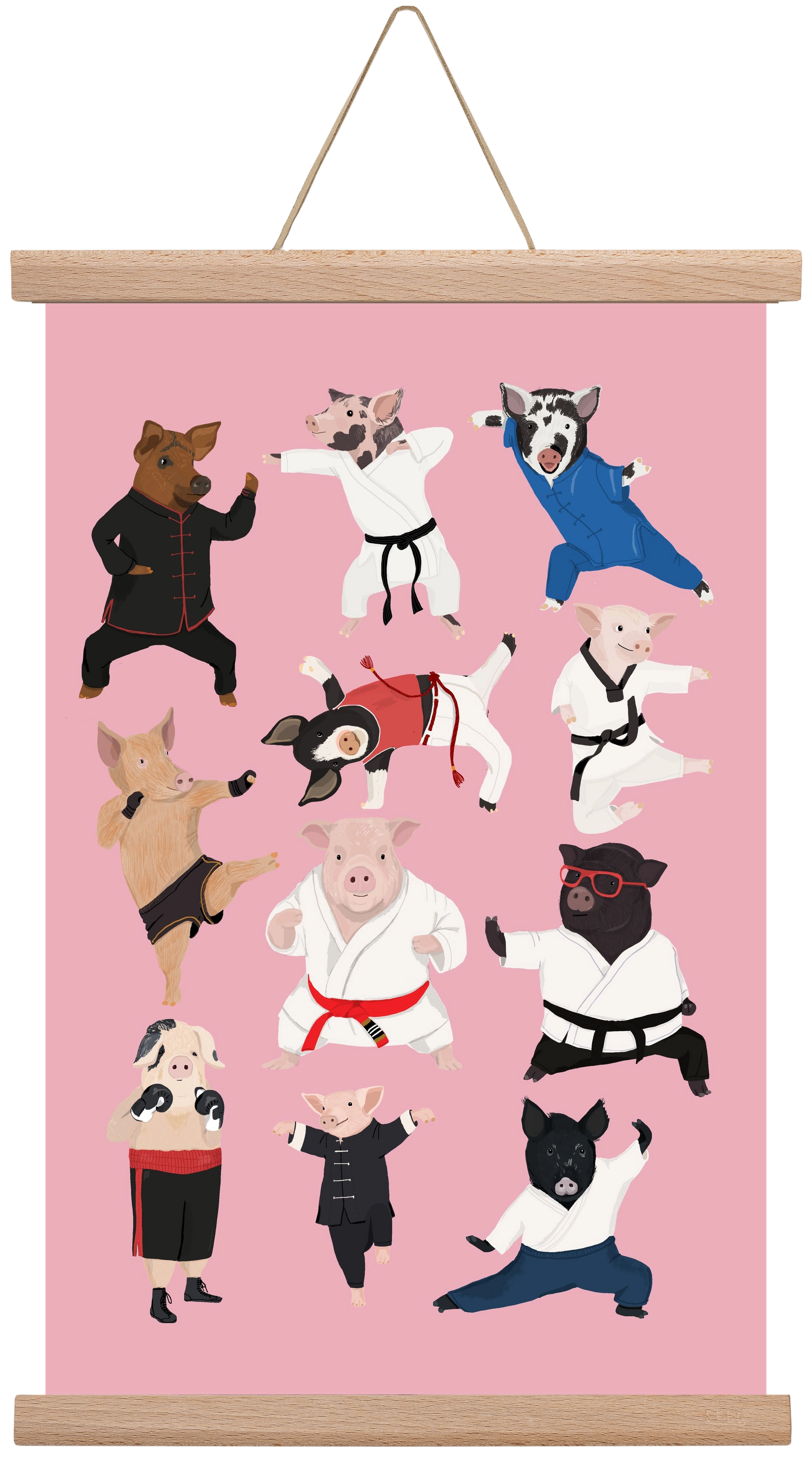 Pigs doing Martial Art, 30x45 cm (30x45 cm), Tölgy akasztó