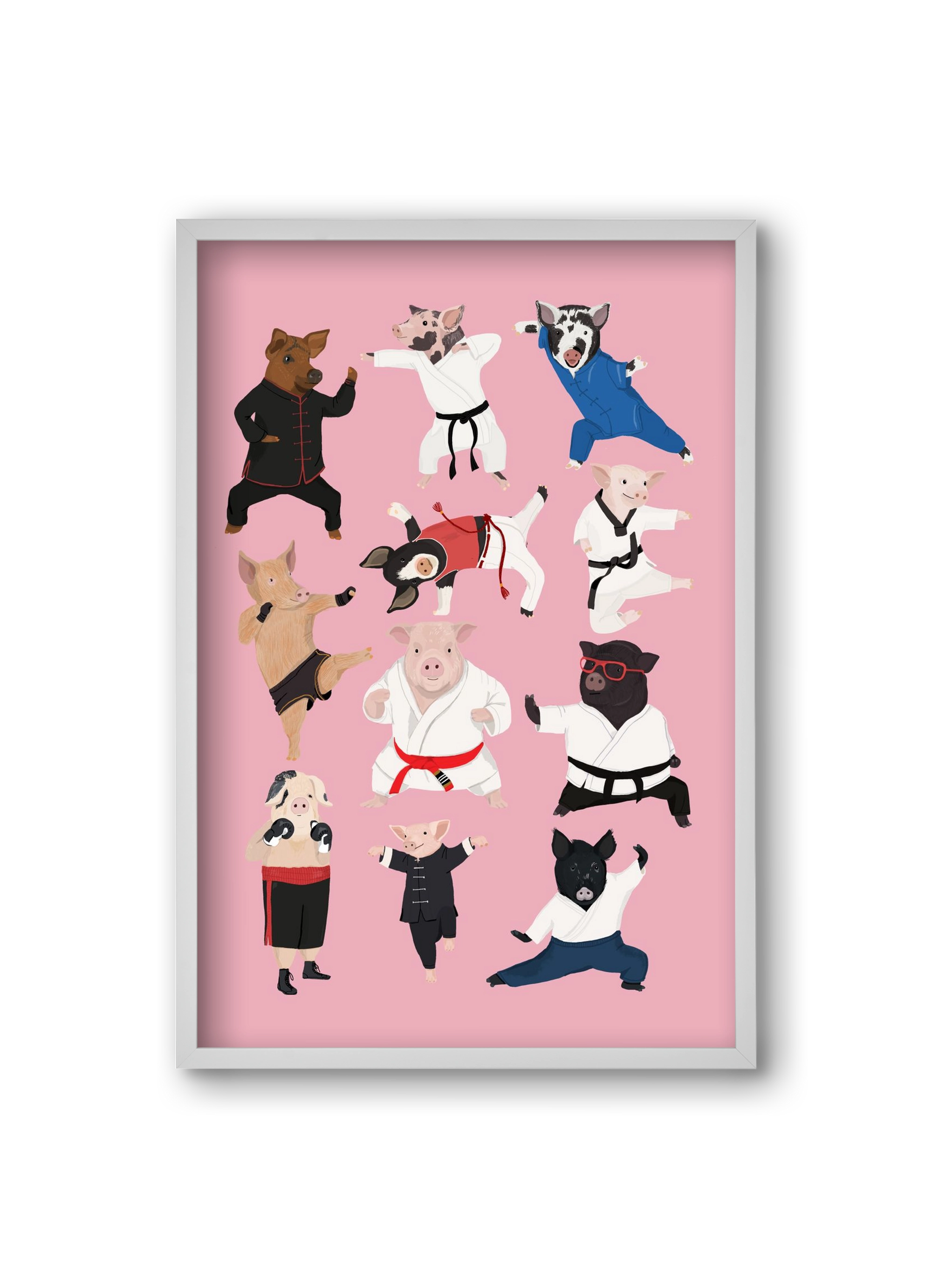 Pigs doing Martial Art, 20x30 cm (20x30 cm), Fehér keret