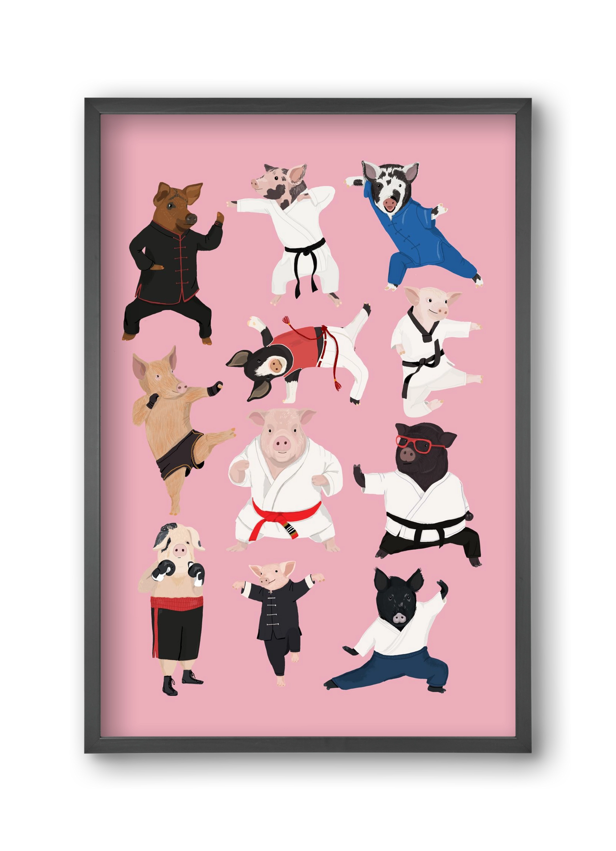 Pigs doing Martial Art, 30x45 cm (30x45 cm), Fekete keret