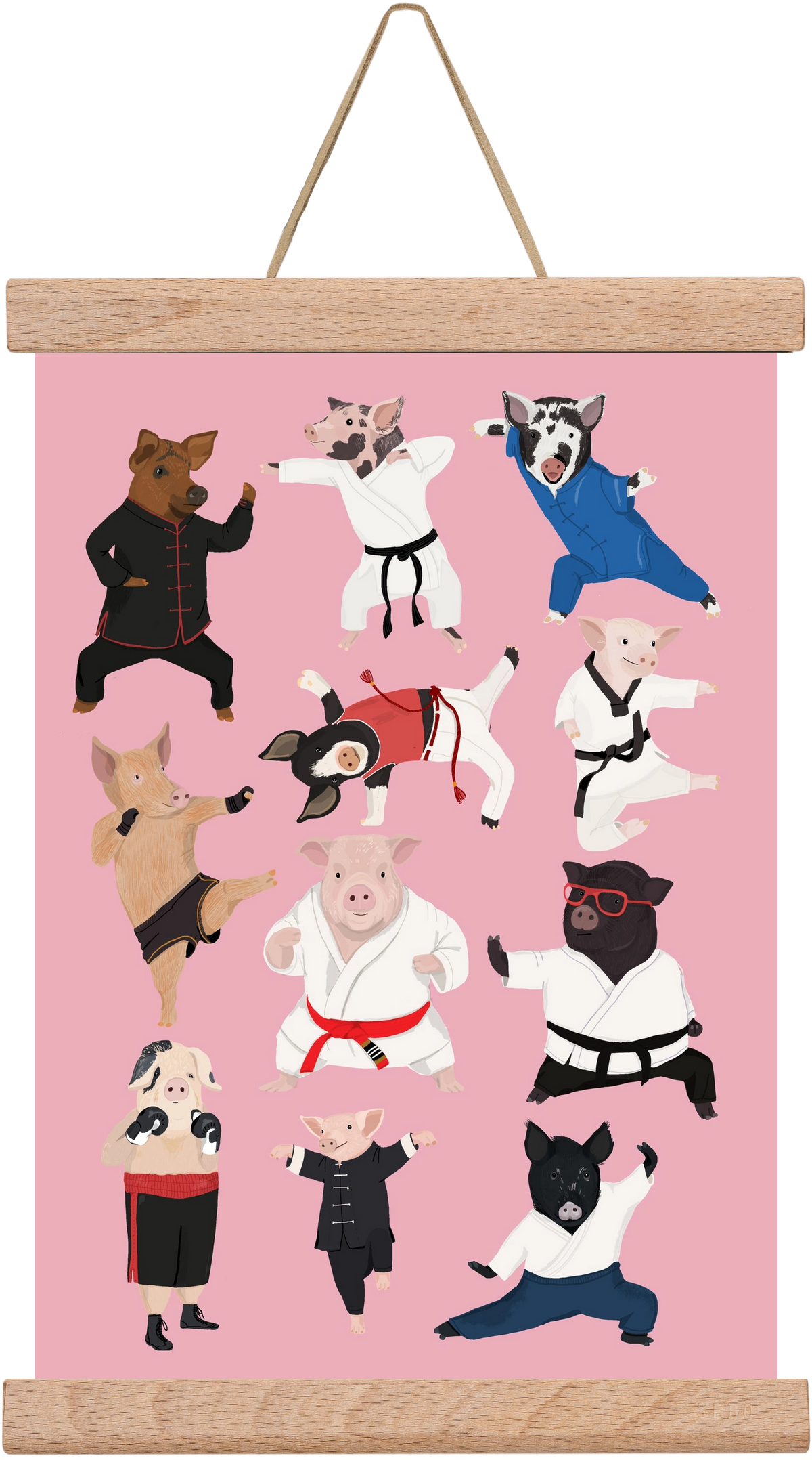 Pigs doing Martial Art, 20x30 cm (20x30 cm), Tölgy akasztó