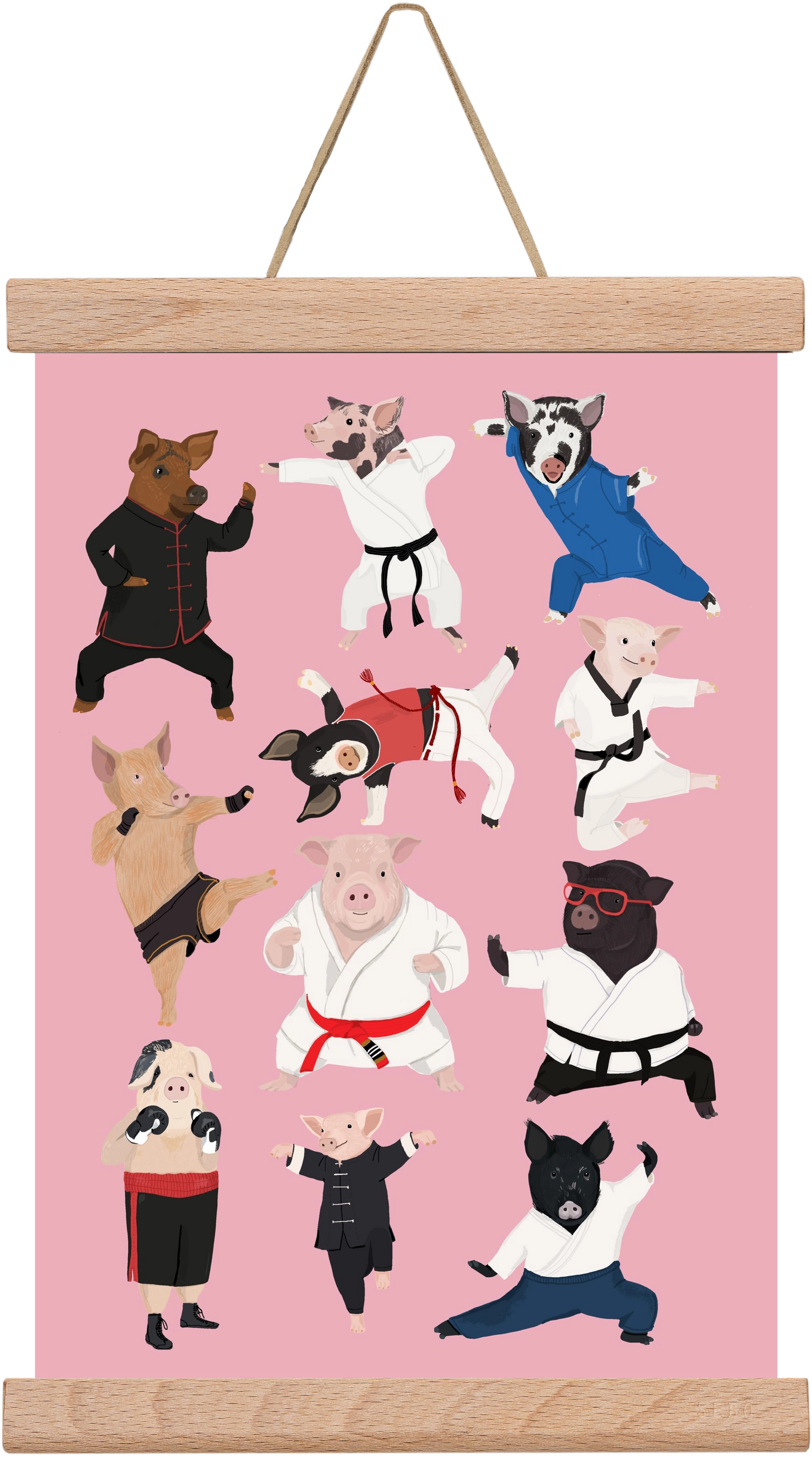 Pigs doing Martial Art, 20x30 cm (20x30 cm), Tölgy akasztó