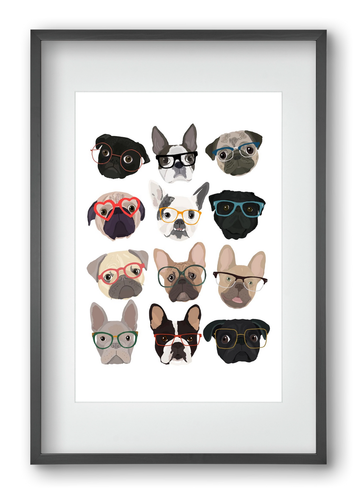 Pugs in Glasses, 40x60 cm (30x45 cm), Fekete keret, paszpartuval