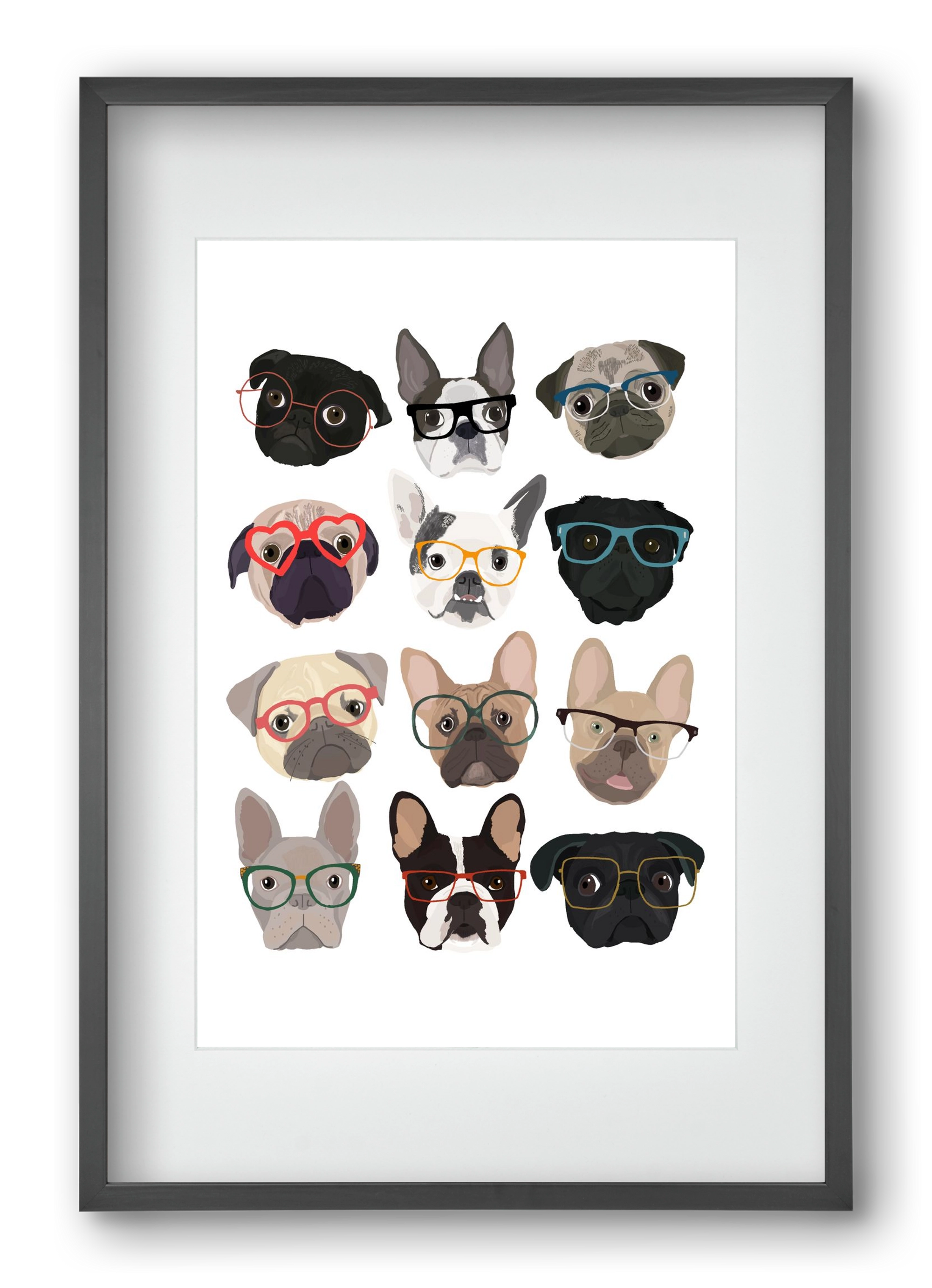 Pugs in Glasses, 40x60 cm (30x45 cm), Fekete keret, paszpartuval