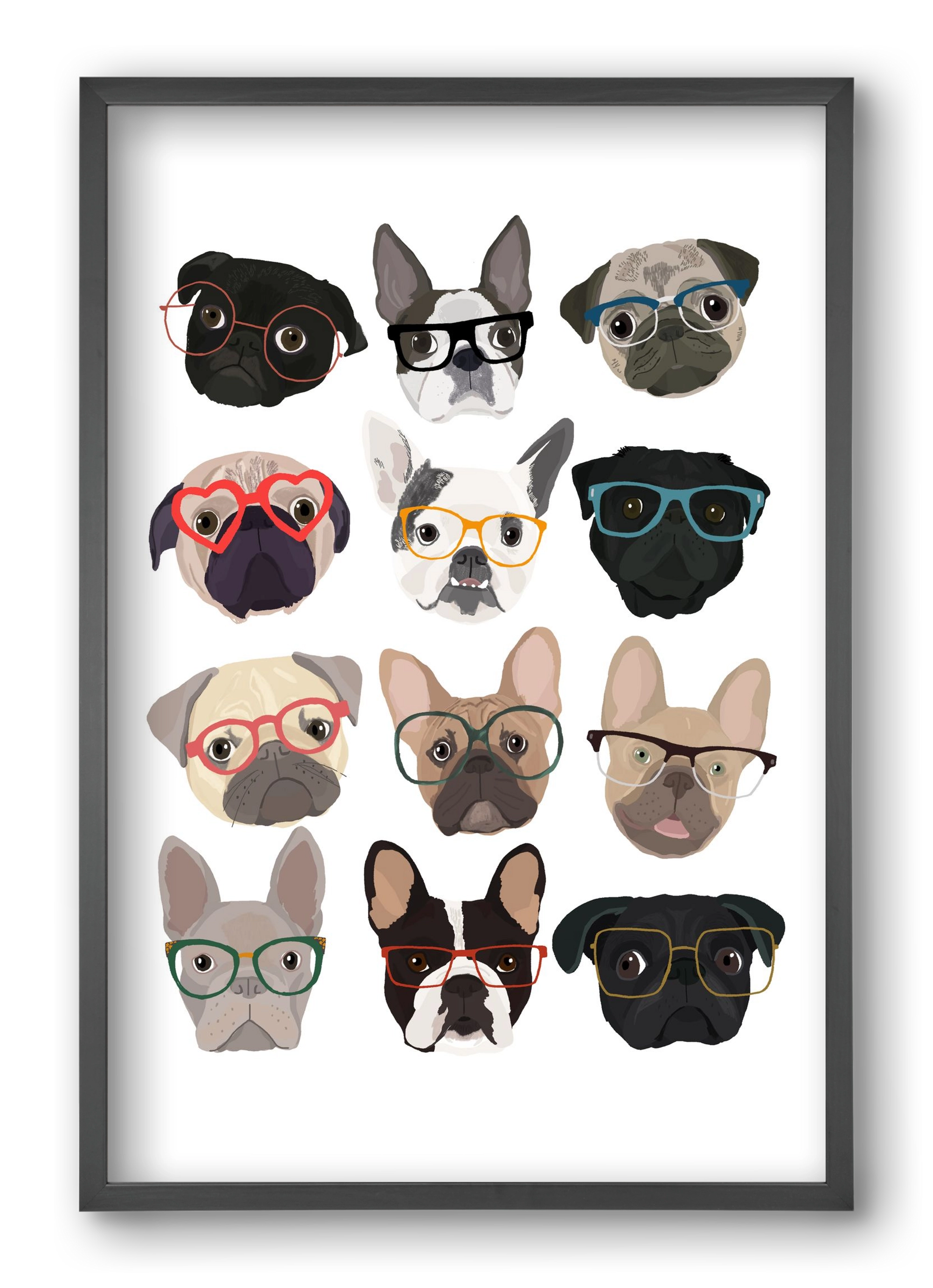 Pugs in Glasses, 40x60 cm (40x60 cm), Fekete keret