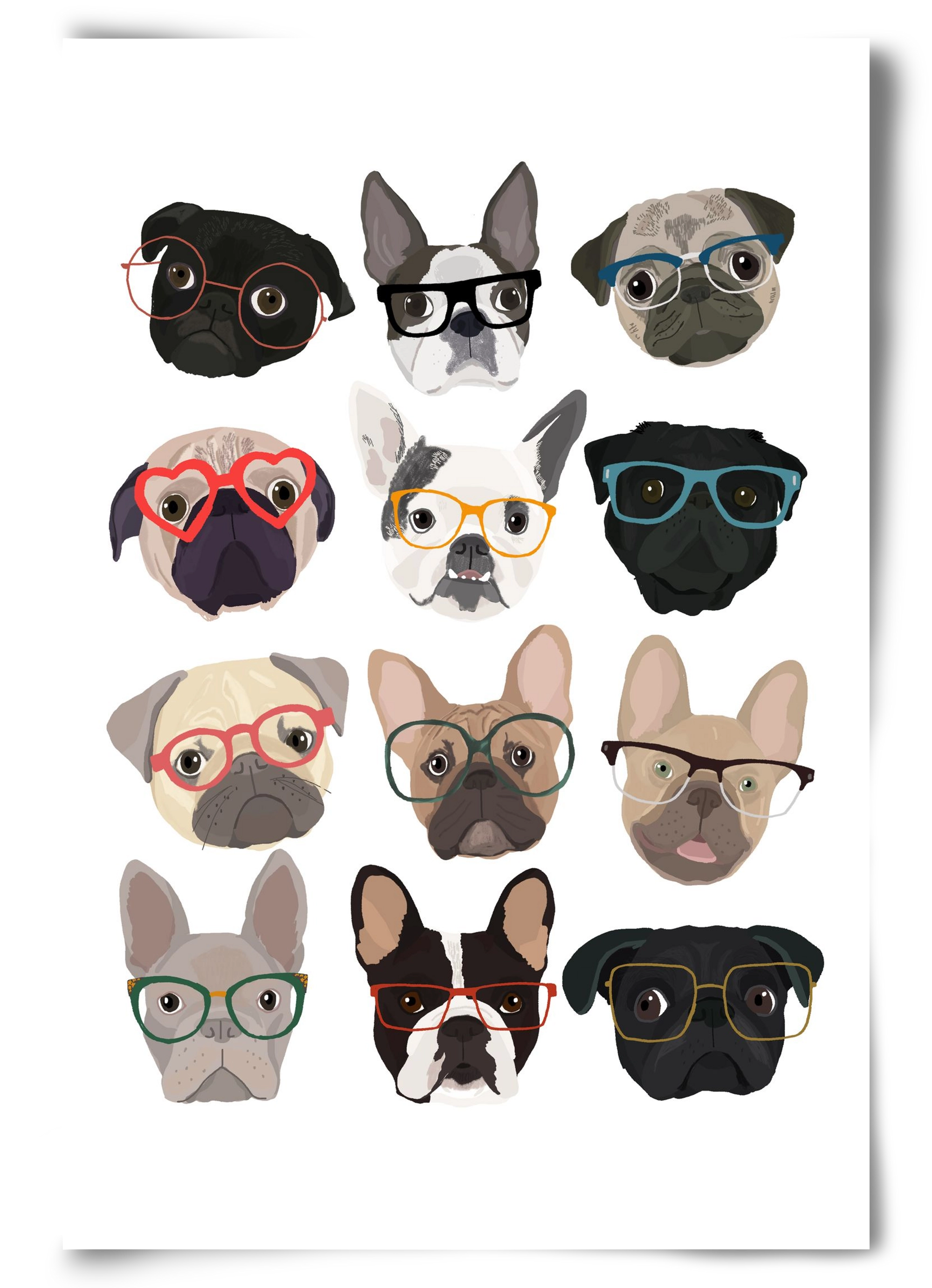Pugs in Glasses, 60x90 cm, Keret nélkül