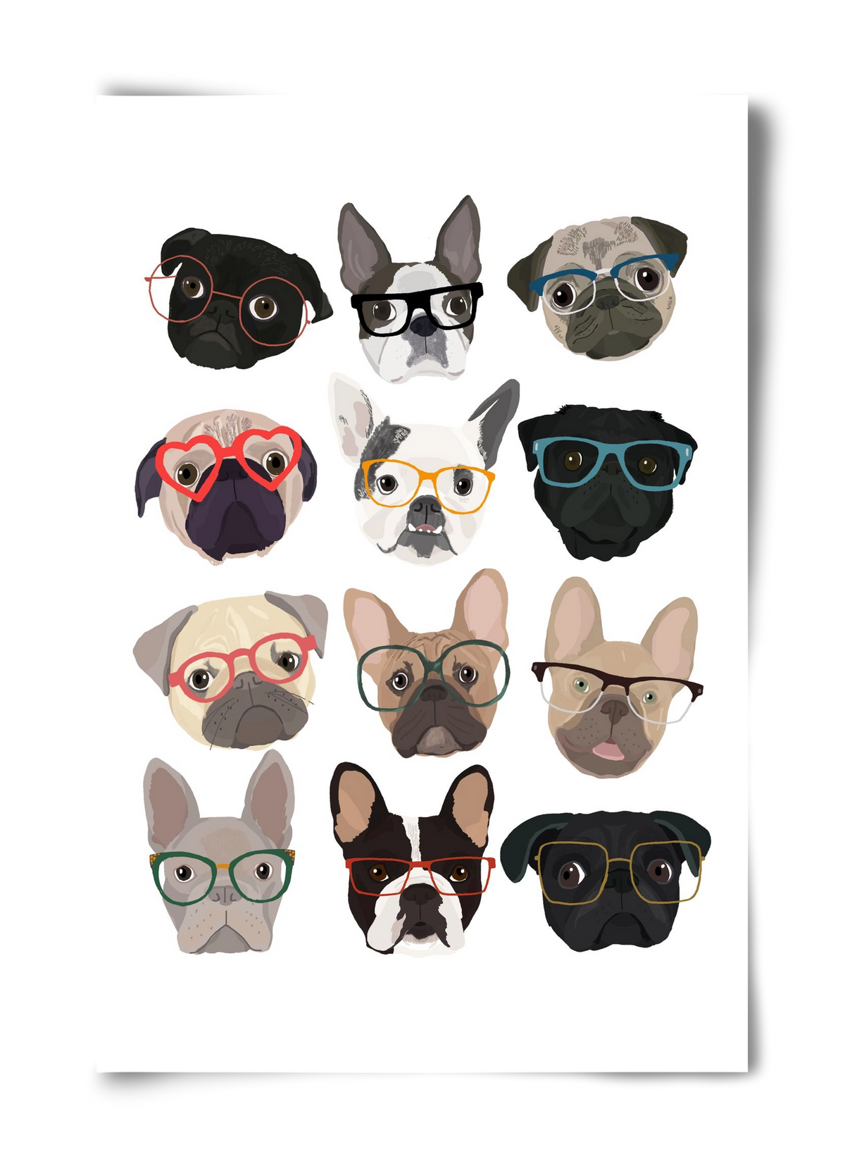 Pugs in Glasses, 40x60 cm, Keret nélkül