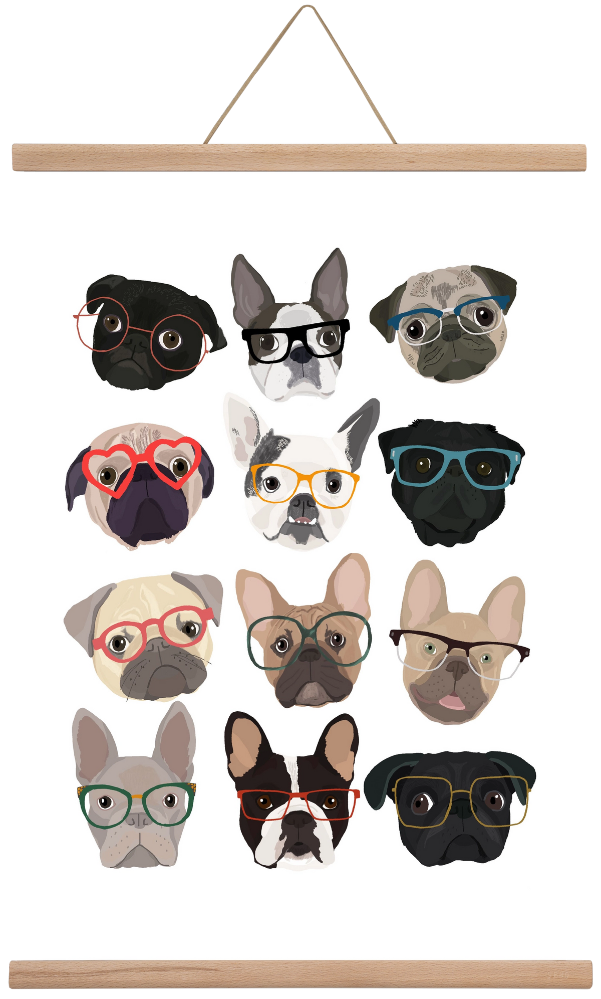 Pugs in Glasses, 40x60 cm (40x60 cm), Tölgy akasztó