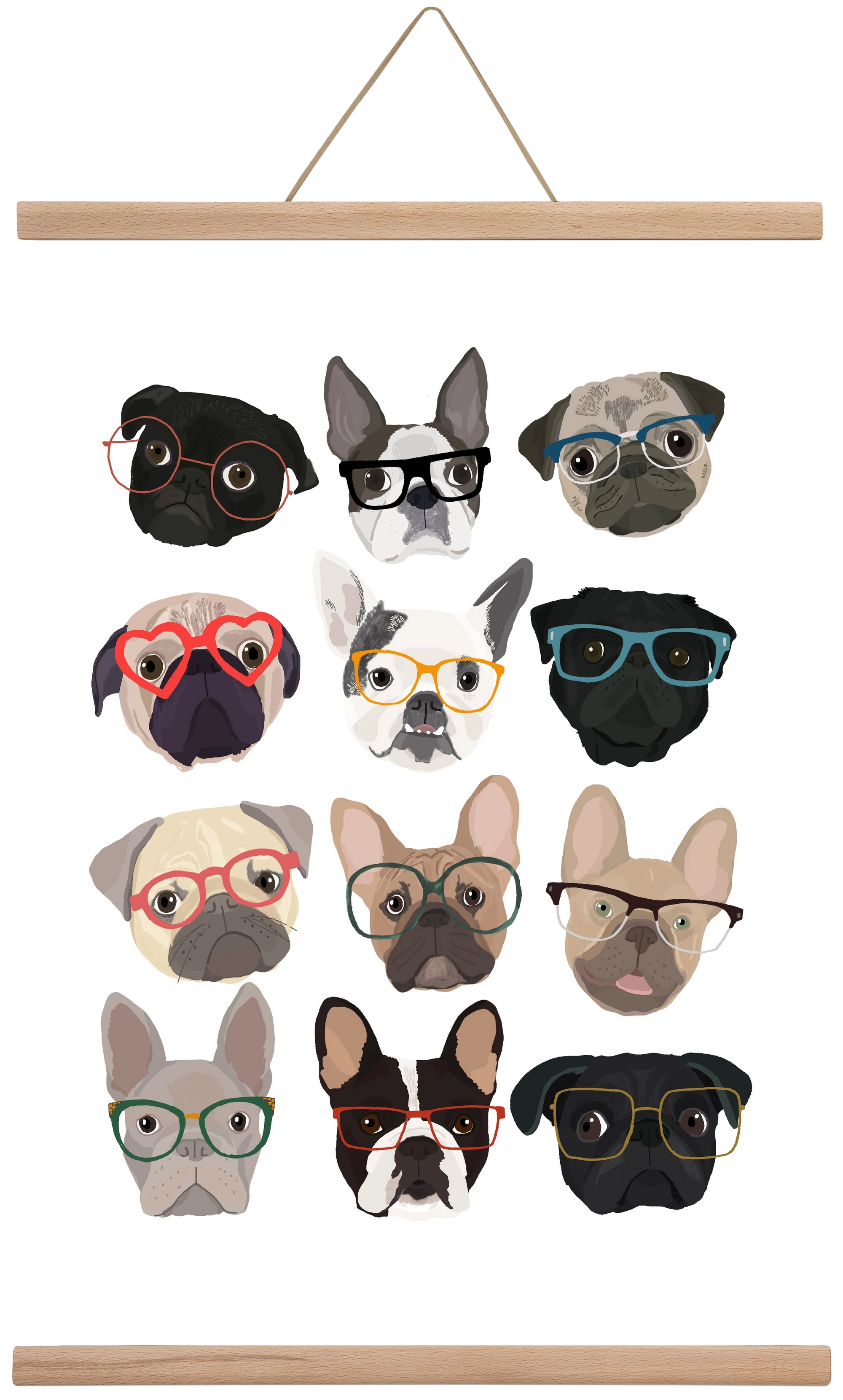 Pugs in Glasses, 40x60 cm (40x60 cm), Tölgy akasztó