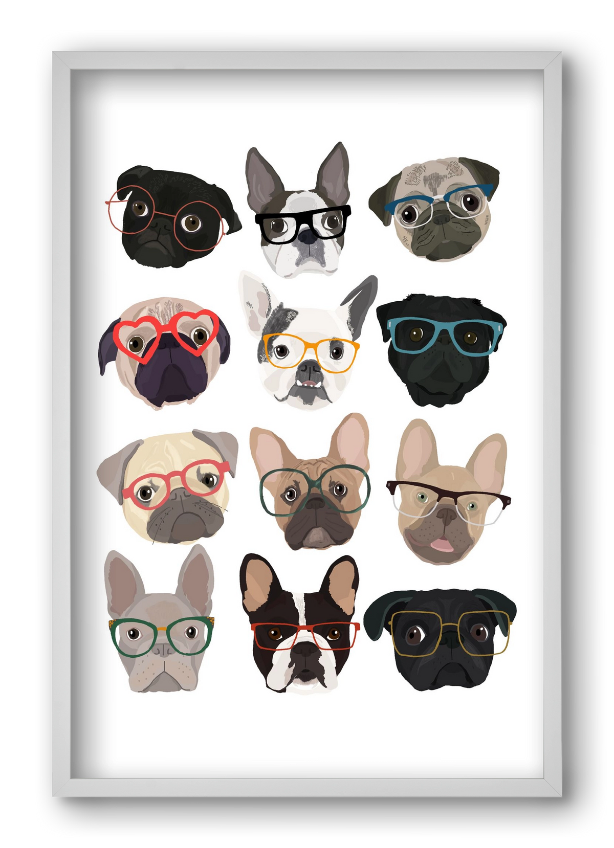 Pugs in Glasses, 40x60 cm (40x60 cm), Fehér keret