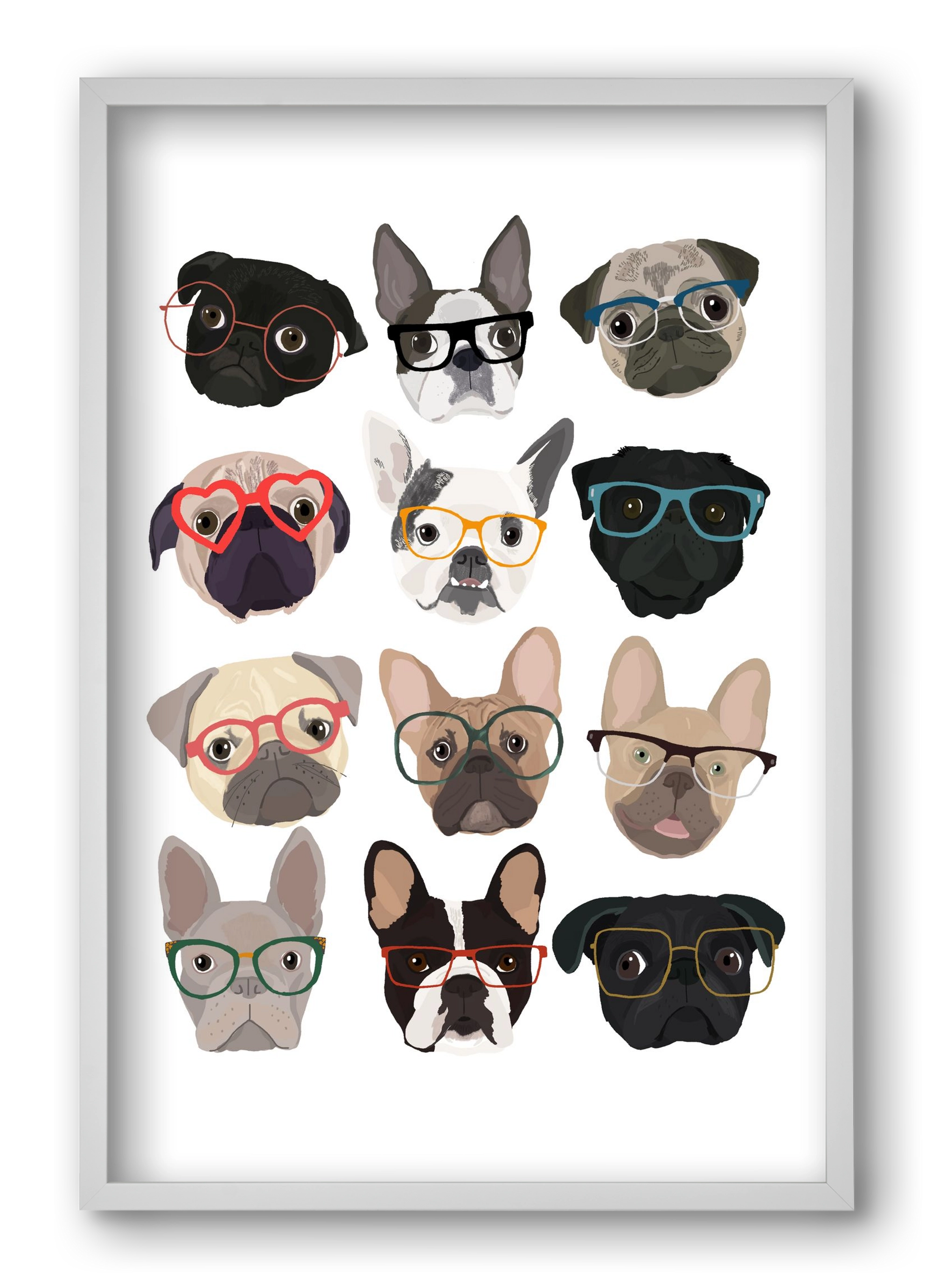Pugs in Glasses, 40x60 cm (40x60 cm), Fehér keret
