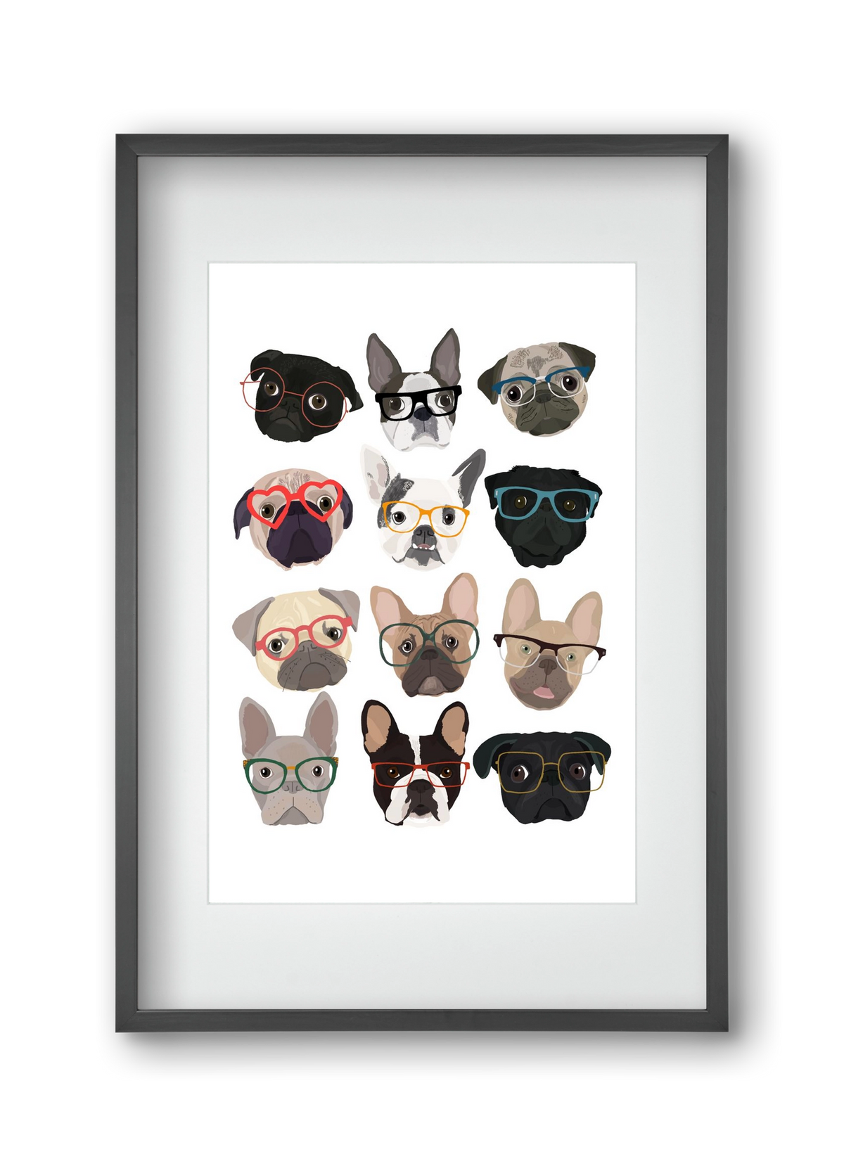 Pugs in Glasses, 30x45 cm (20x30 cm), Fekete keret, paszpartuval