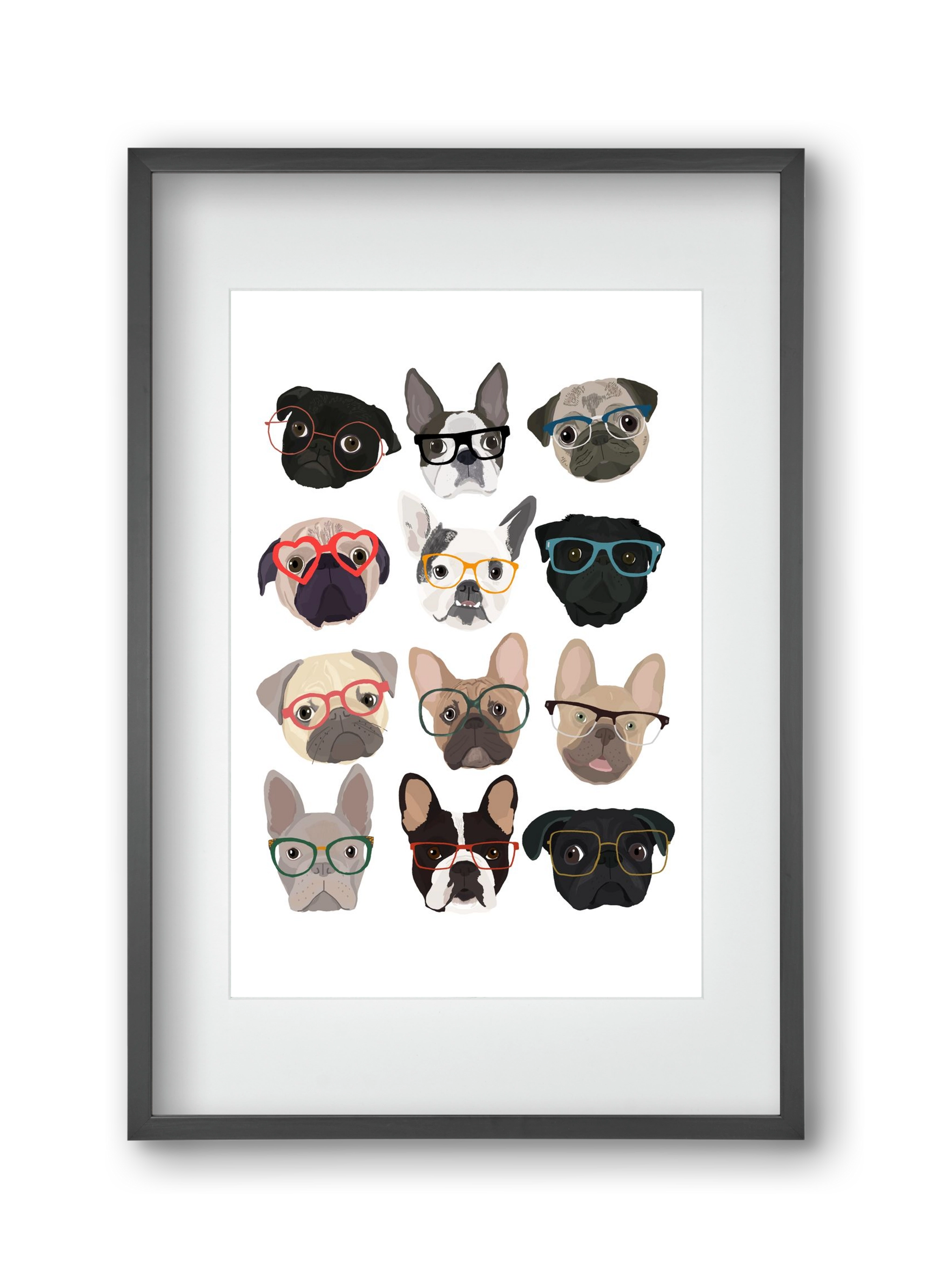 Pugs in Glasses, 30x45 cm (20x30 cm), Fekete keret, paszpartuval
