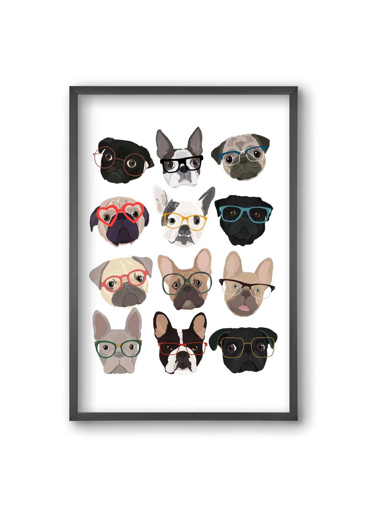 Pugs in Glasses, 20x30 cm (20x30 cm), Fekete keret