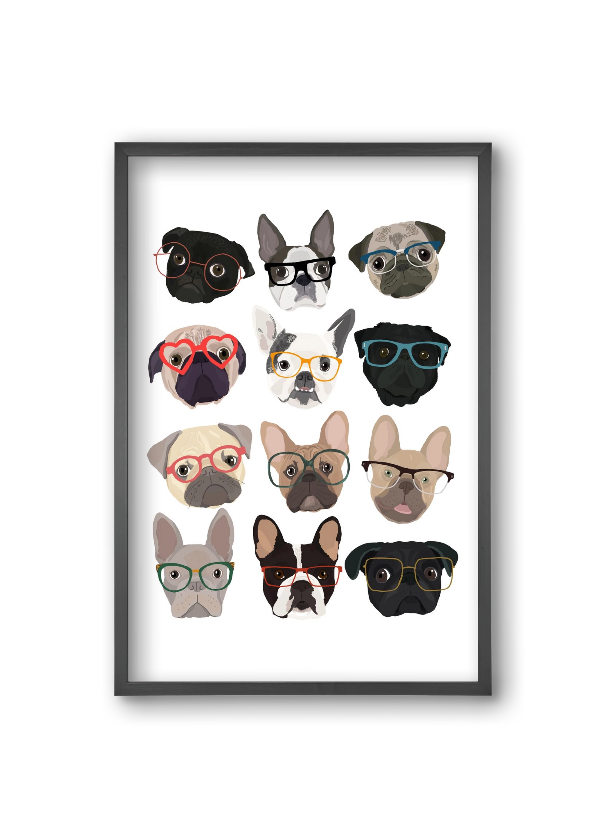 Pugs in Glasses, 20x30 cm (20x30 cm), Fekete keret