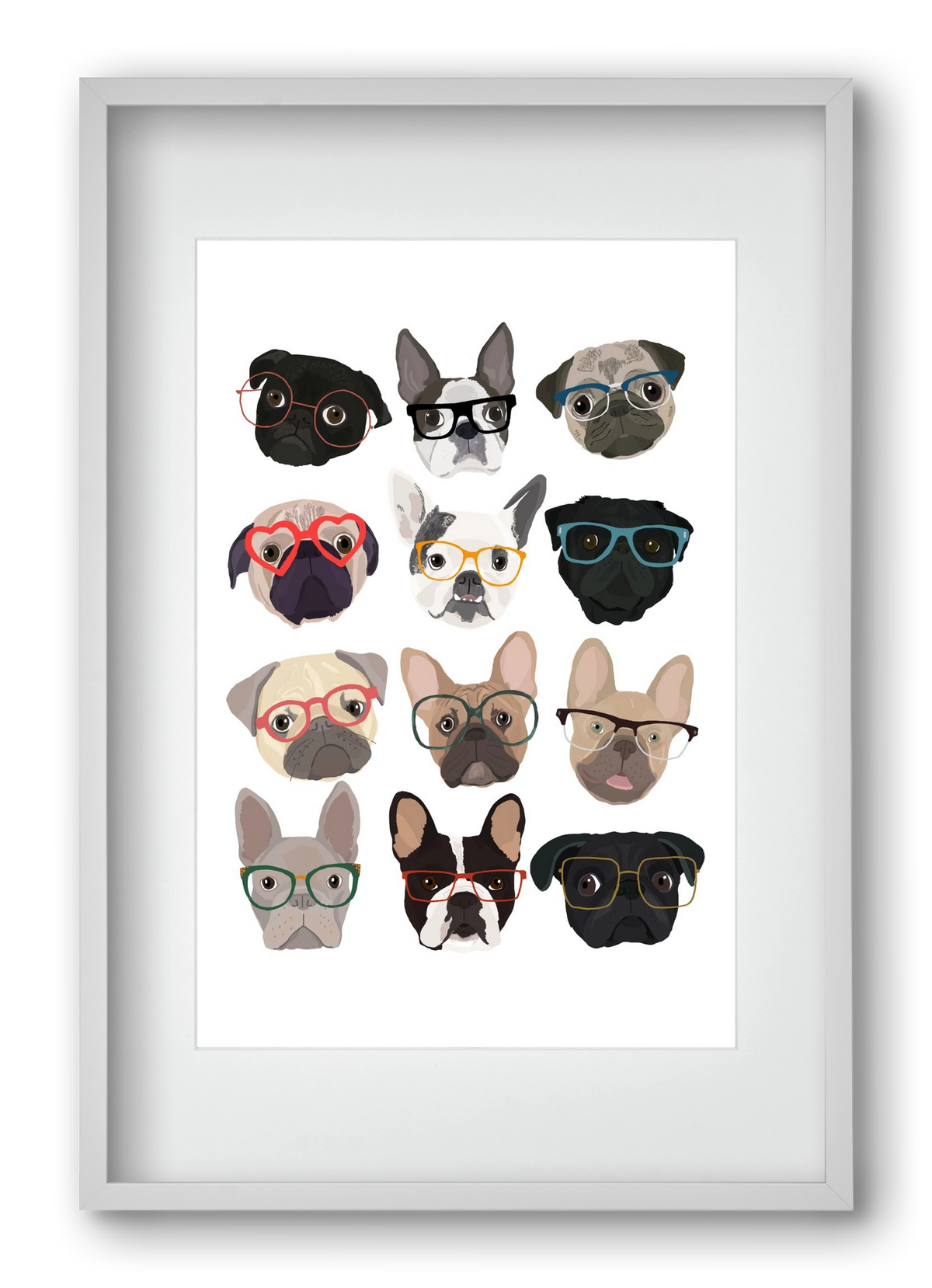 Pugs in Glasses, 40x60 cm (30x45 cm), Fehér keret, paszpartuval