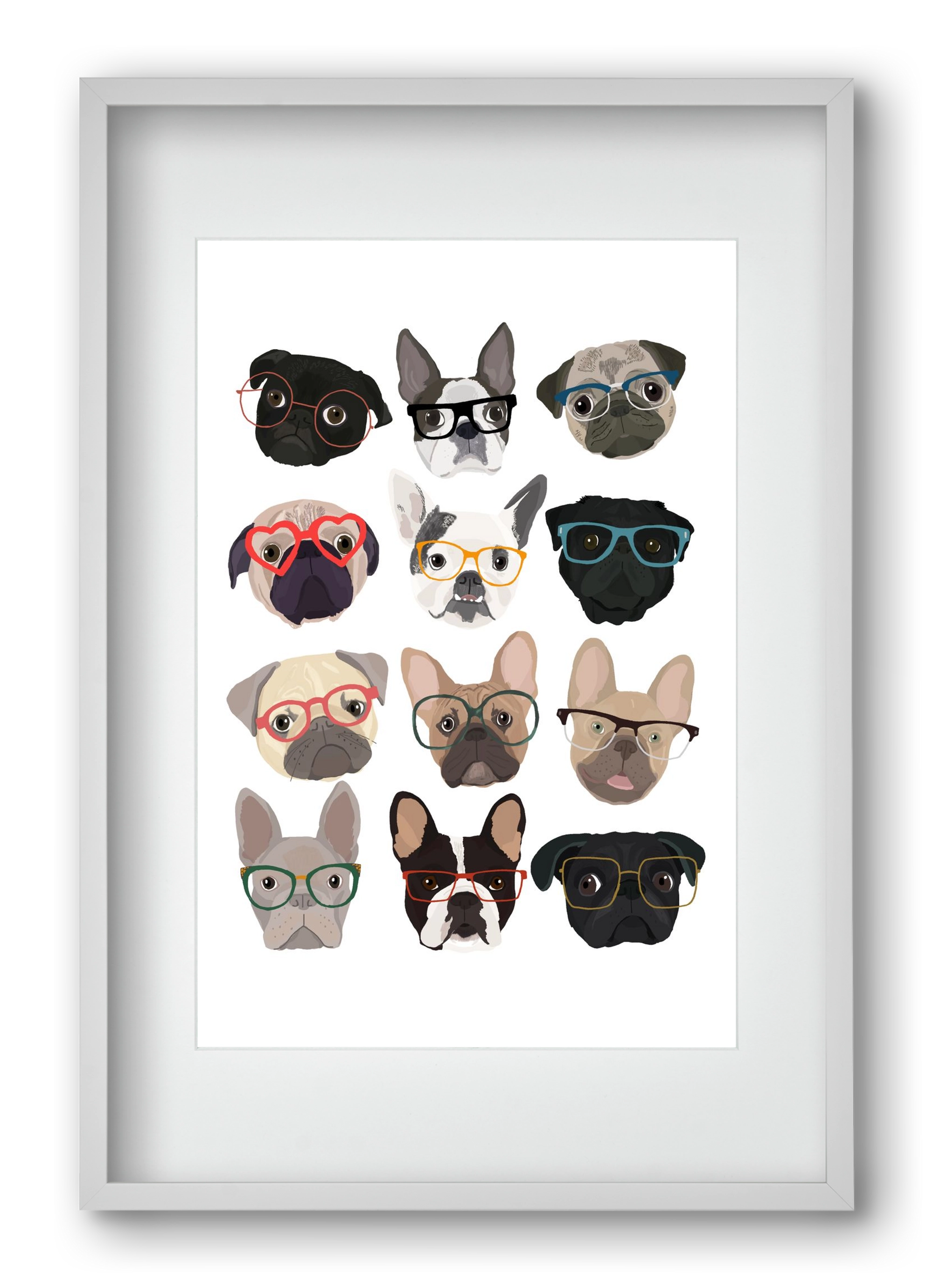 Pugs in Glasses, 40x60 cm (30x45 cm), Fehér keret, paszpartuval