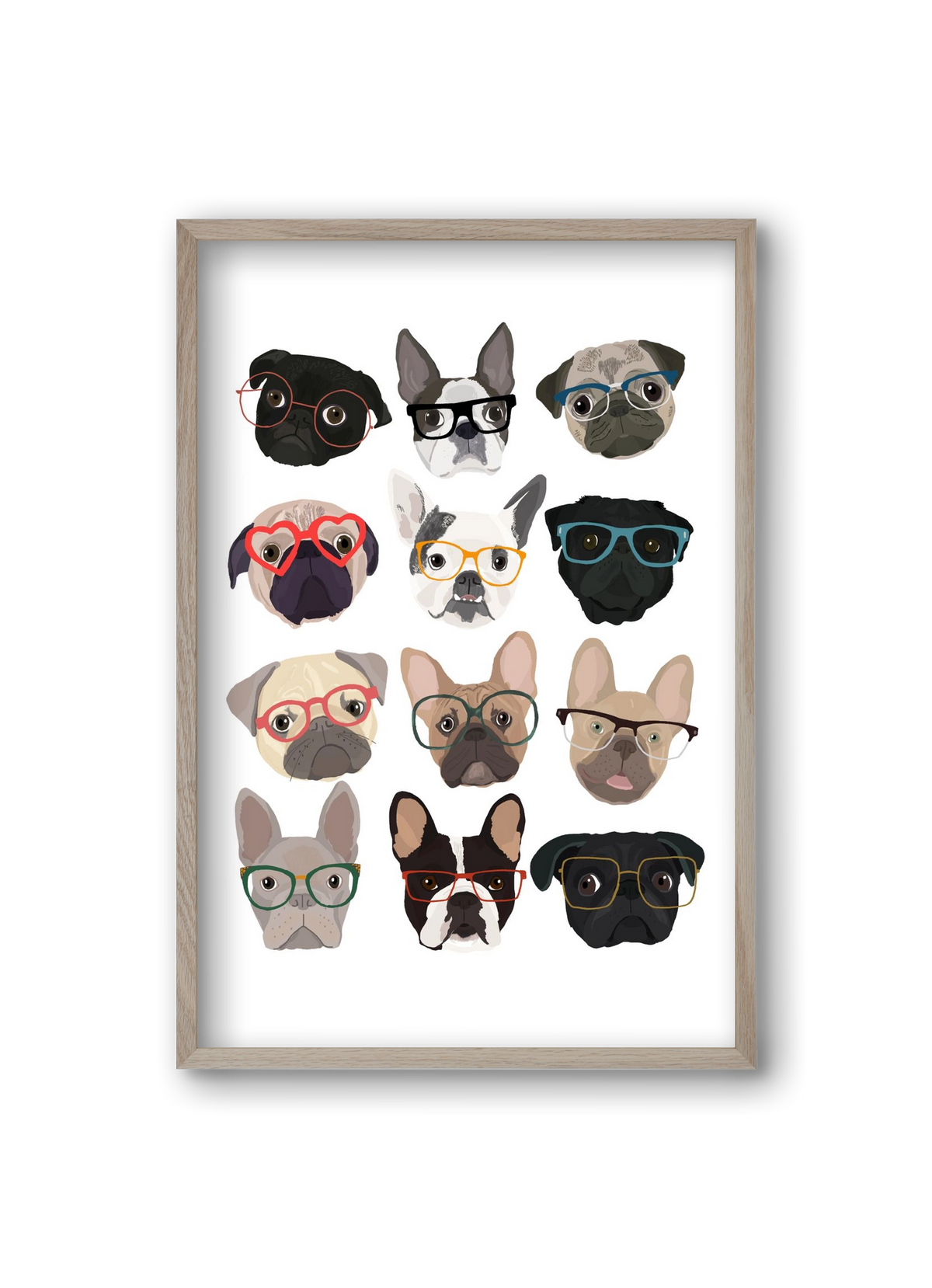 Pugs in Glasses, 20x30 cm (20x30 cm), Tölgy keret
