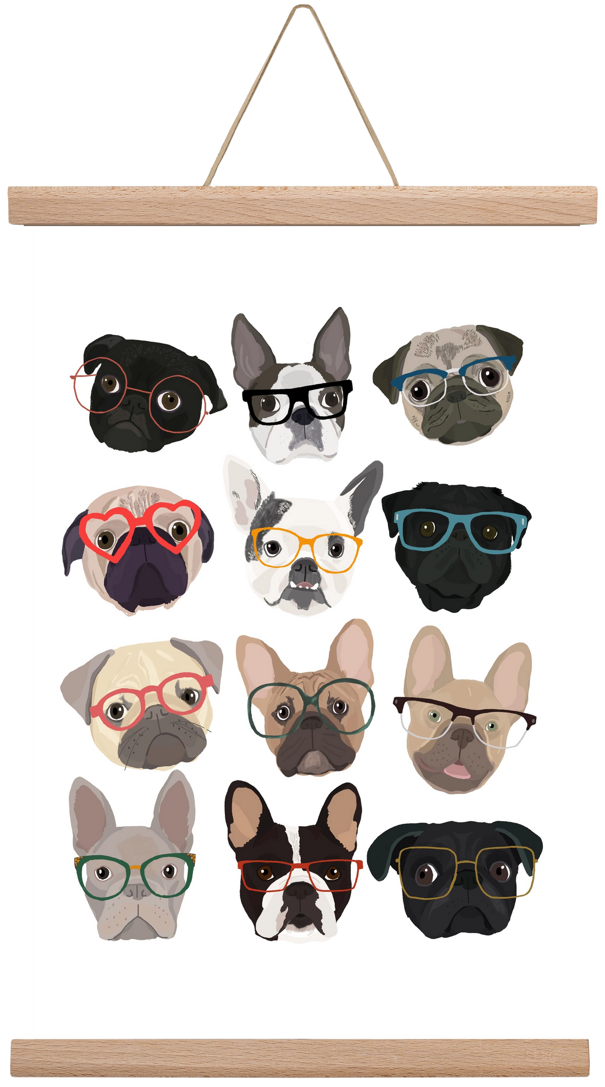 Pugs in Glasses, 30x45 cm (30x45 cm), Tölgy akasztó