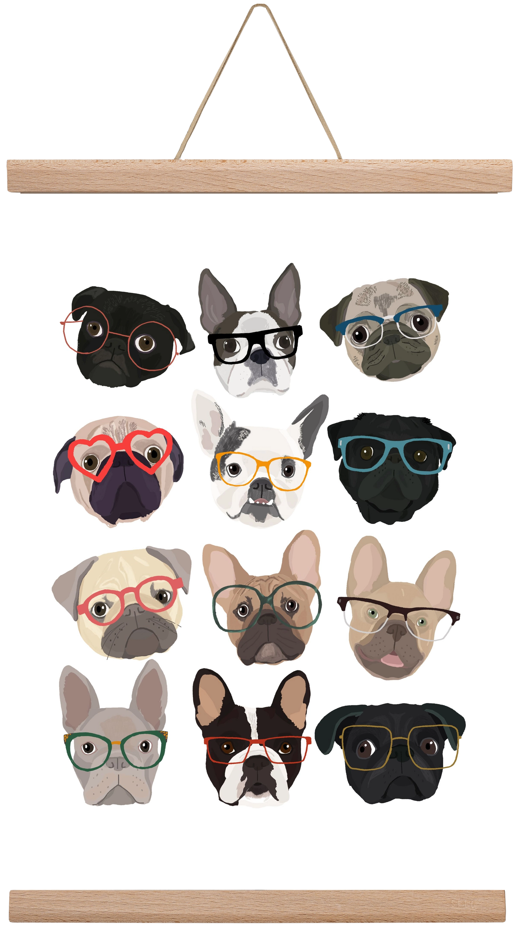 Pugs in Glasses, 30x45 cm (30x45 cm), Tölgy akasztó