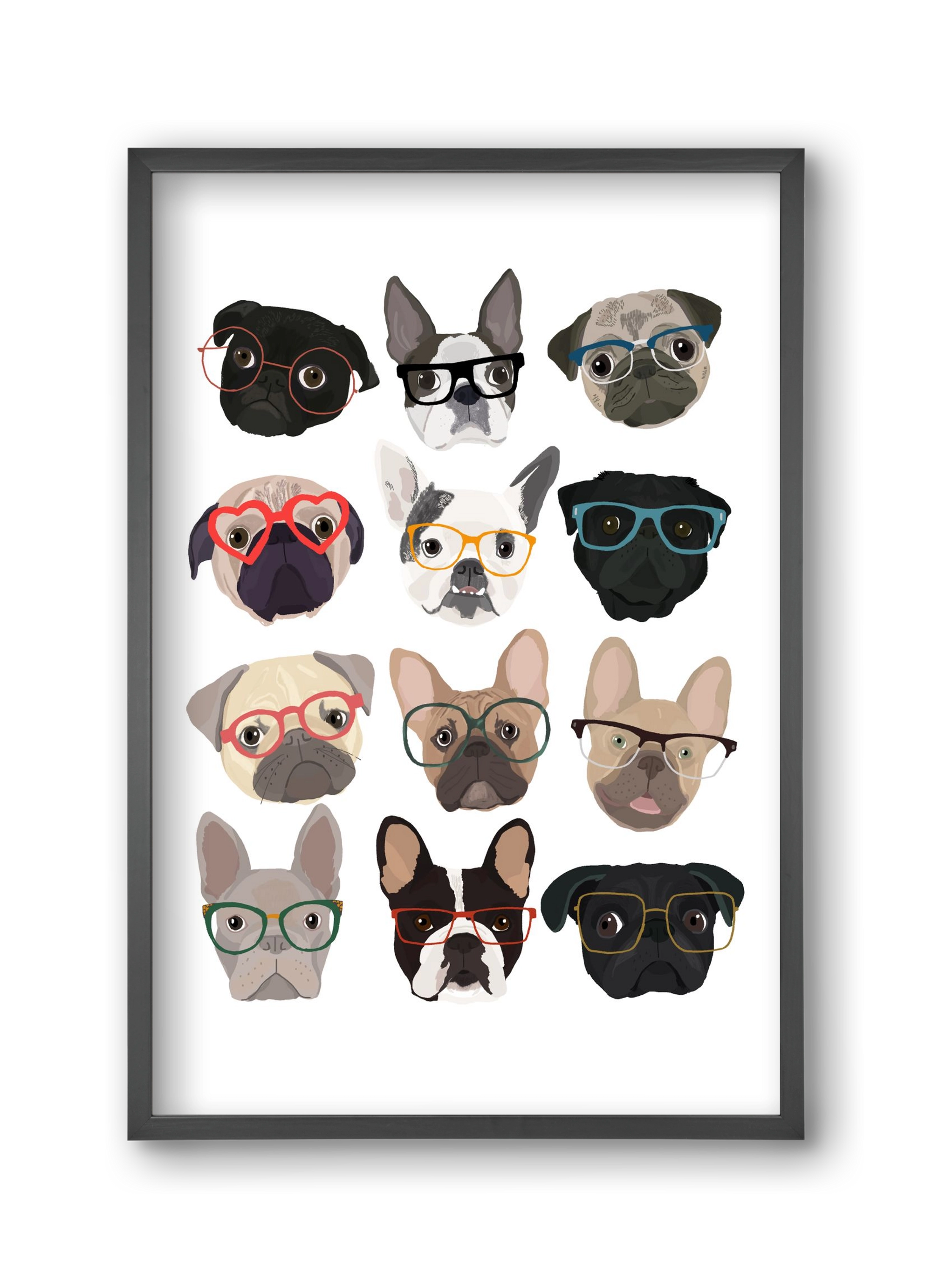 Pugs in Glasses, 30x45 cm (30x45 cm), Fekete keret