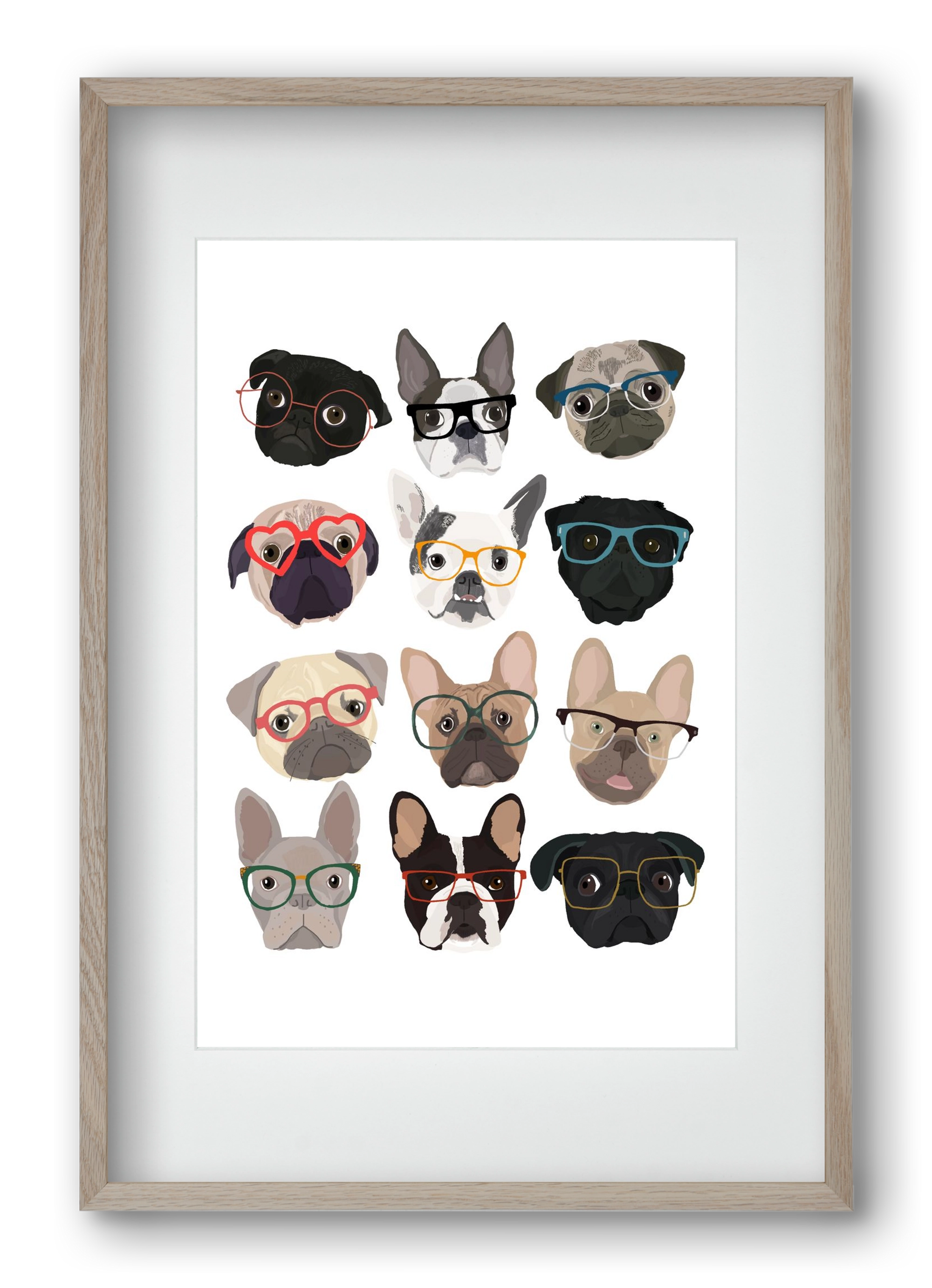 Pugs in Glasses, 40x60 cm (30x45 cm), Tölgy keret, paszpartuval