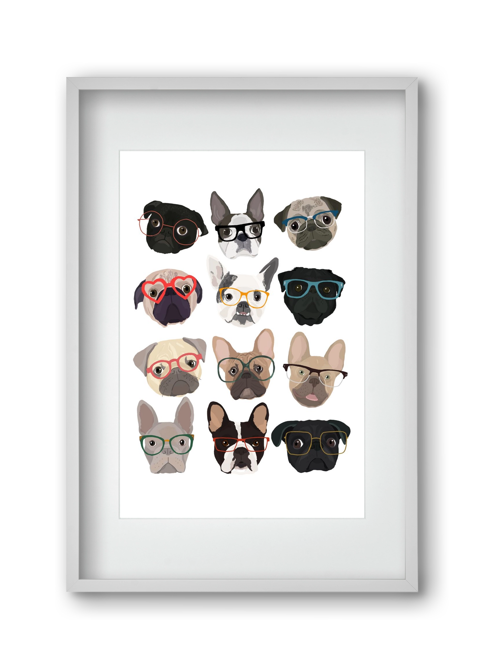 Pugs in Glasses, 30x45 cm (20x30 cm), Fehér keret, paszpartuval