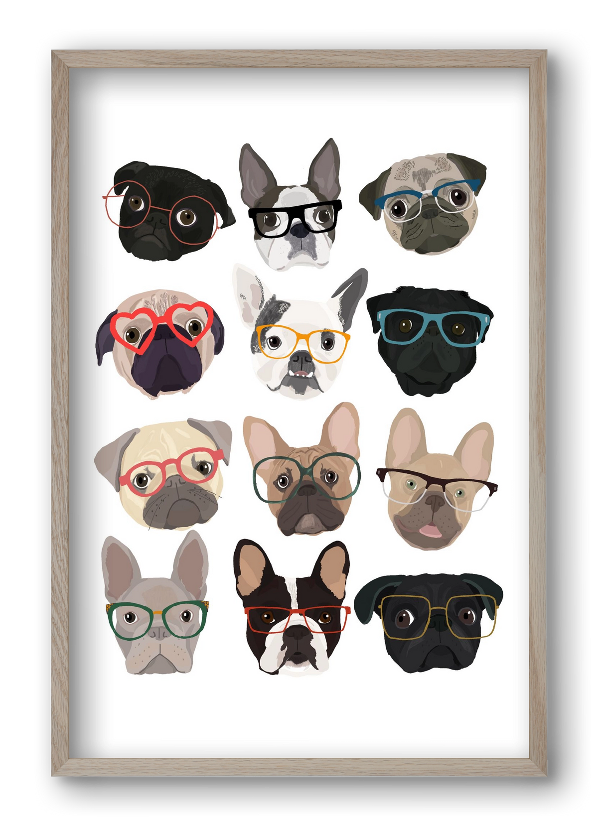 Pugs in Glasses, 40x60 cm (40x60 cm), Tölgy keret