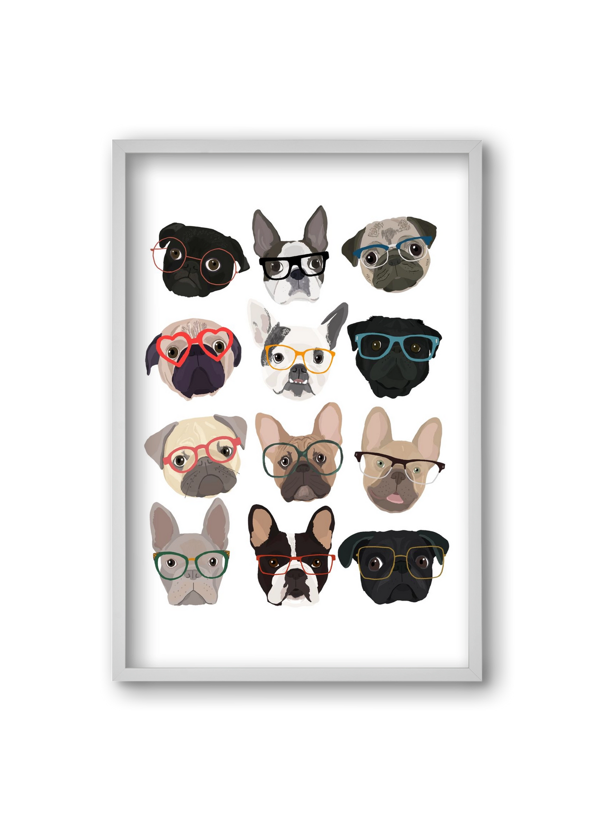 Pugs in Glasses, 20x30 cm (20x30 cm), Fehér keret