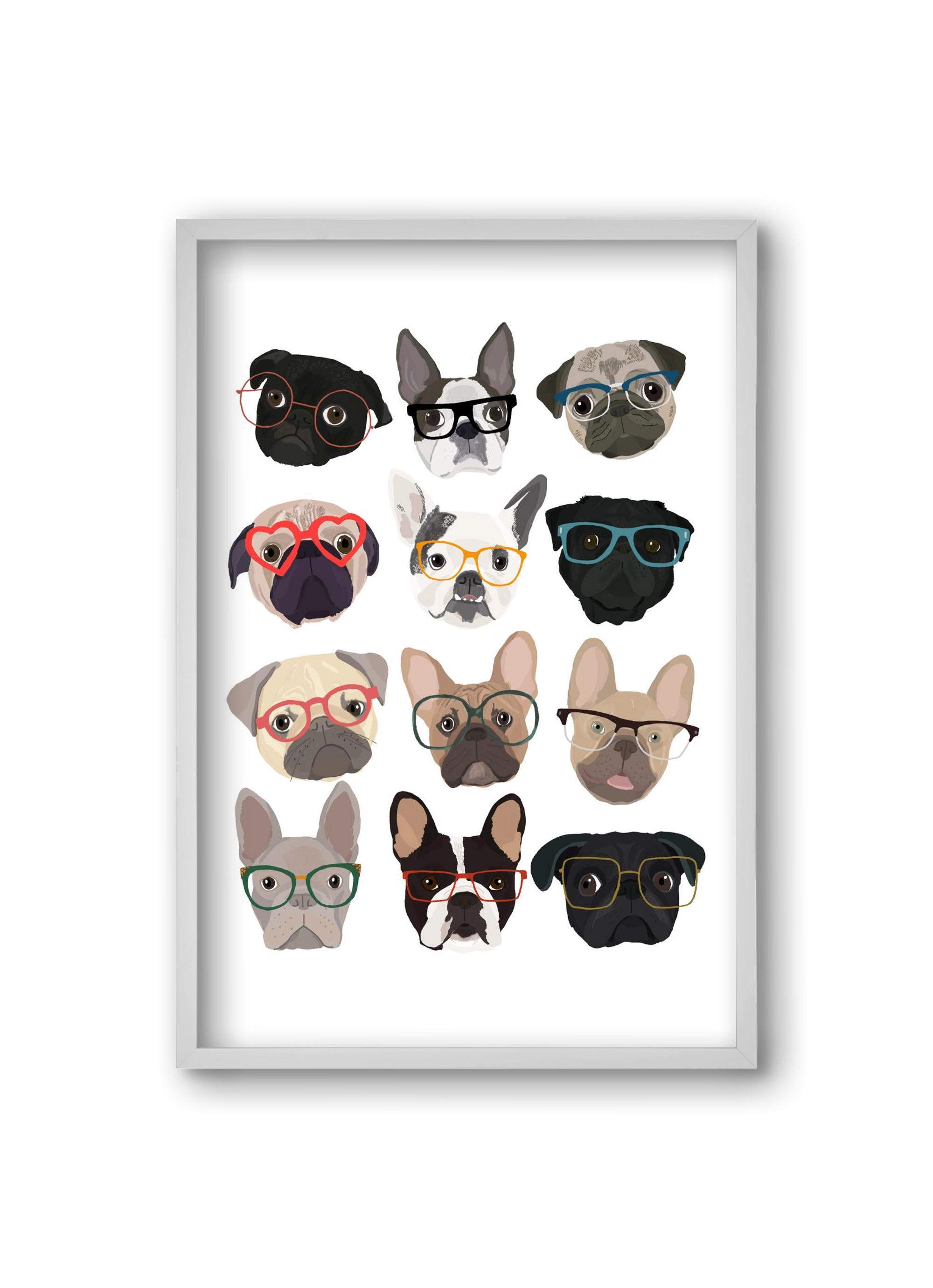 Pugs in Glasses, 20x30 cm (20x30 cm), Fehér keret