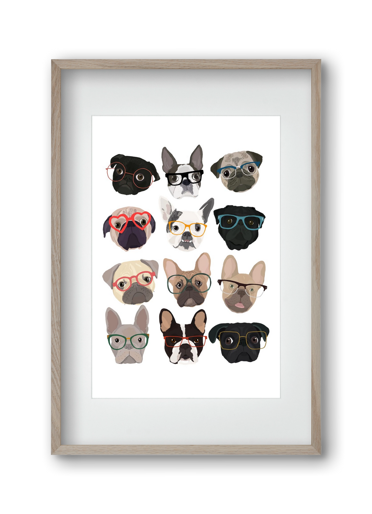 Pugs in Glasses, 30x45 cm (20x30 cm), Tölgy keret, paszpartuval