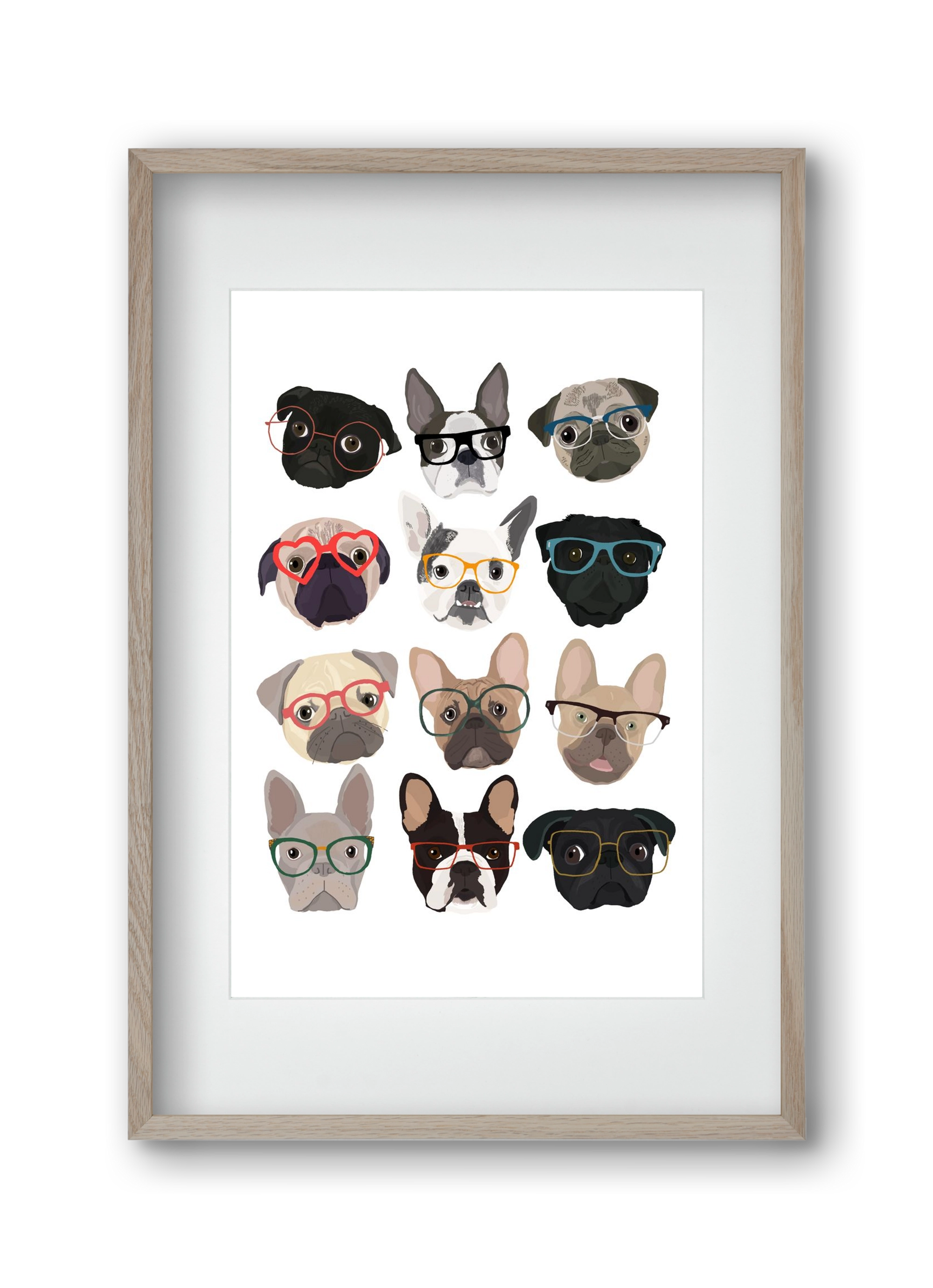 Pugs in Glasses, 30x45 cm (20x30 cm), Tölgy keret, paszpartuval