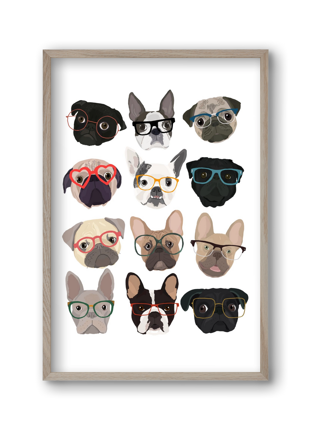 Pugs in Glasses, 30x45 cm (30x45 cm), Tölgy keret