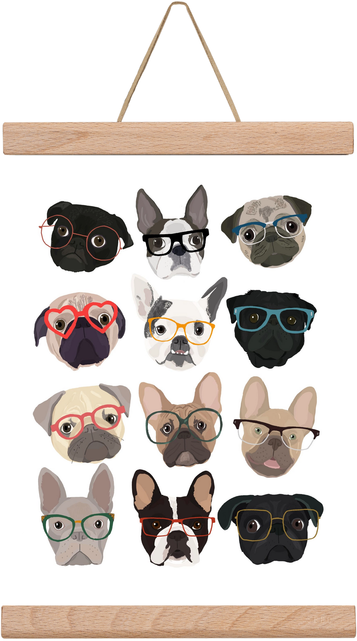 Pugs in Glasses, 20x30 cm (20x30 cm), Tölgy akasztó