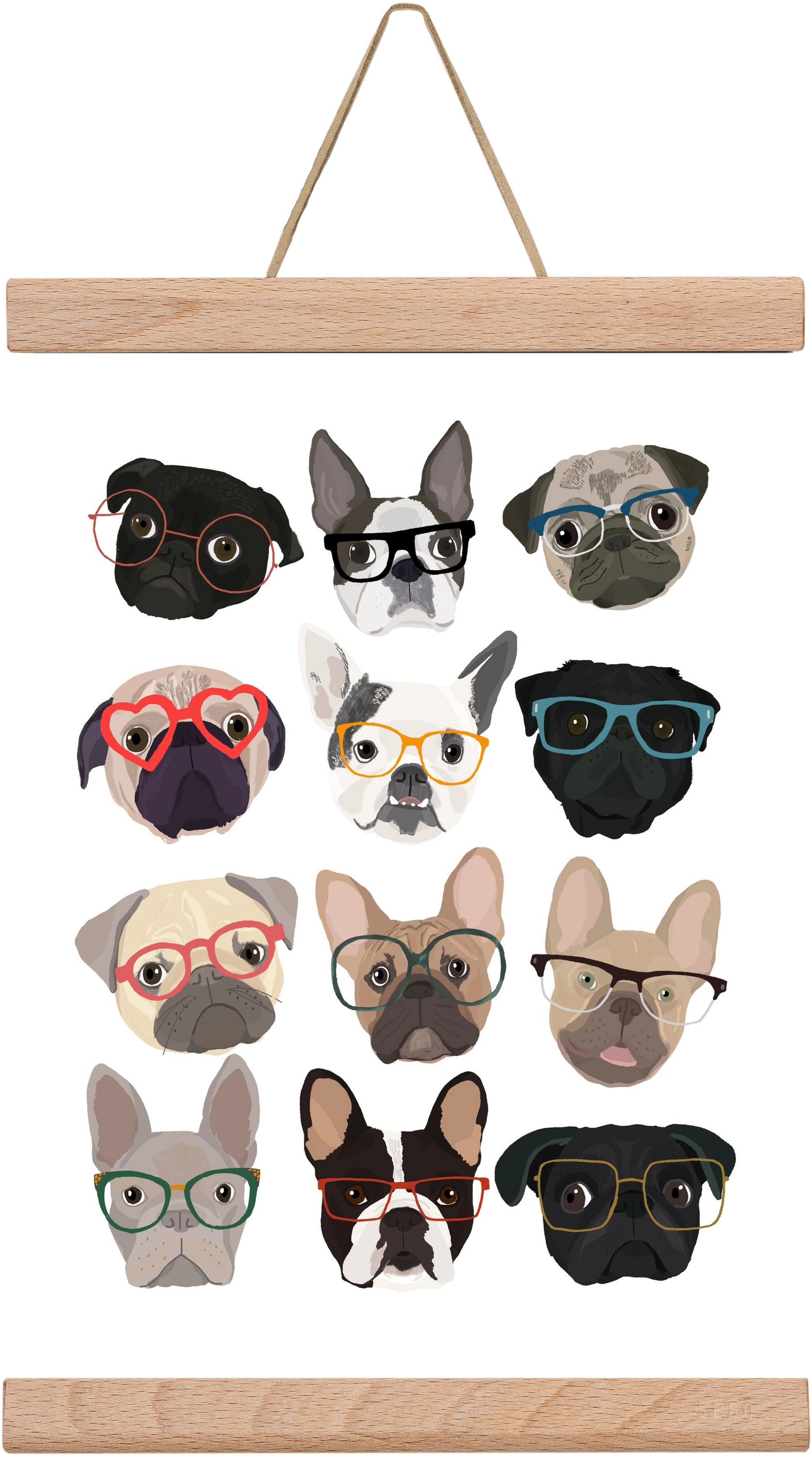 Pugs in Glasses, 20x30 cm (20x30 cm), Tölgy akasztó
