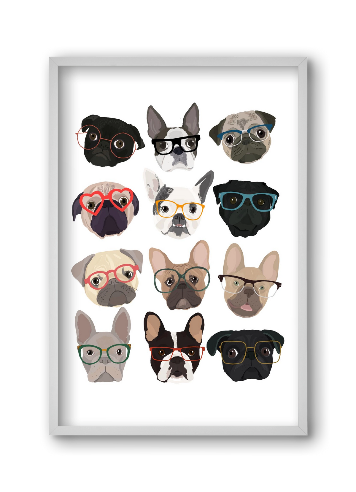 Pugs in Glasses, 30x45 cm (30x45 cm), Fehér keret