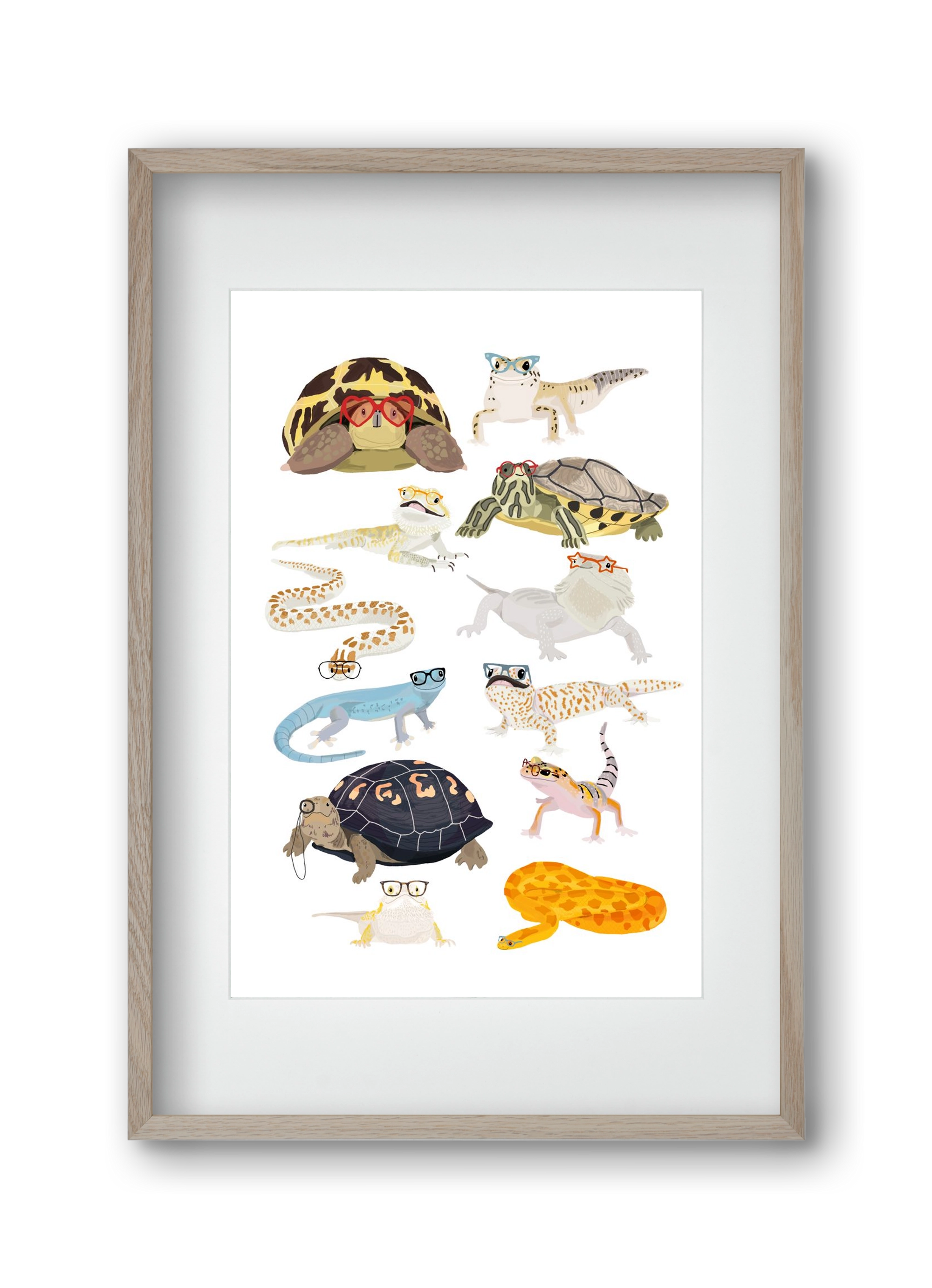 Reptiles in glasses print, 30x45 cm (20x30 cm), Tölgy keret, paszpartuval