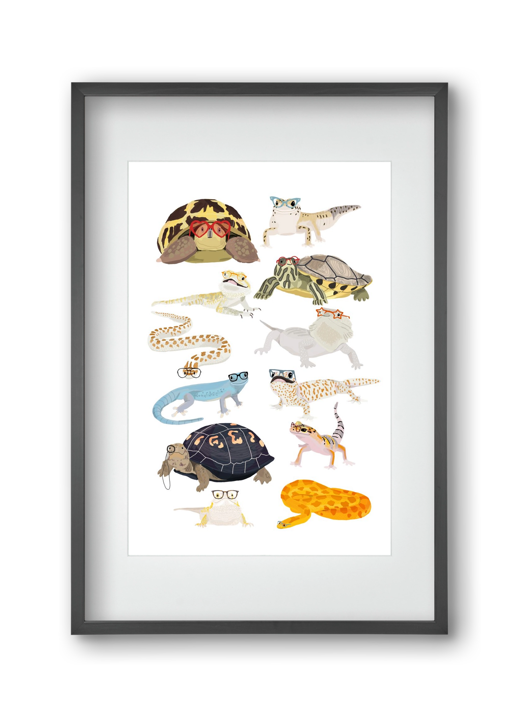 Reptiles in glasses print, 30x45 cm (20x30 cm), Fekete keret, paszpartuval
