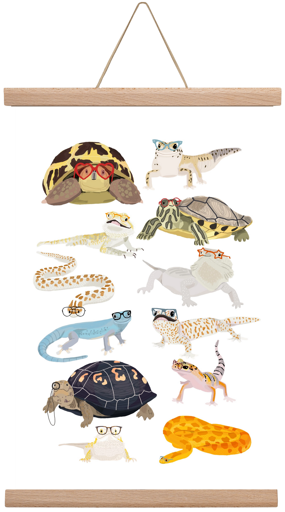 Reptiles in glasses print, 30x45 cm (30x45 cm), Tölgy akasztó