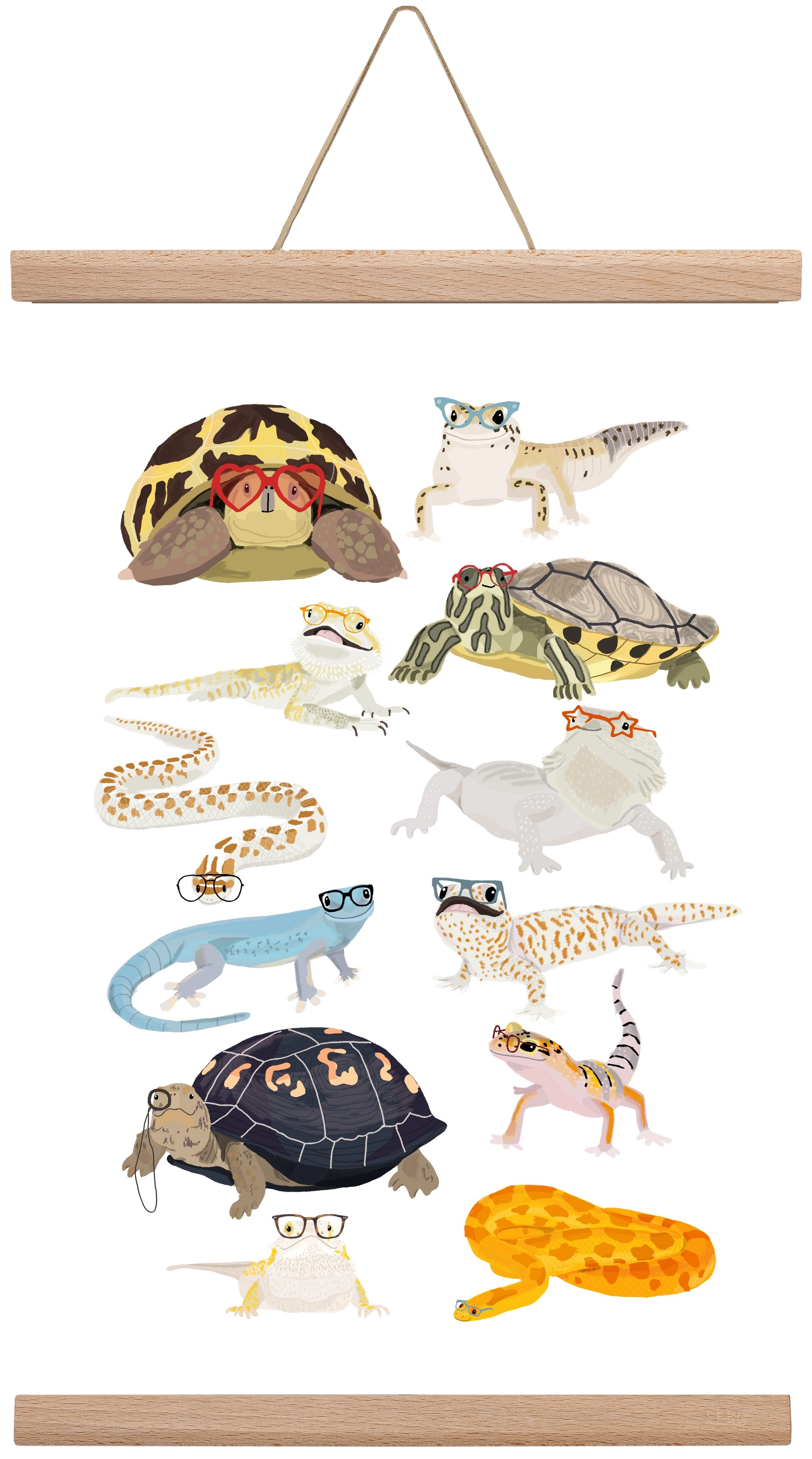 Reptiles in glasses print, 30x45 cm (30x45 cm), Tölgy akasztó